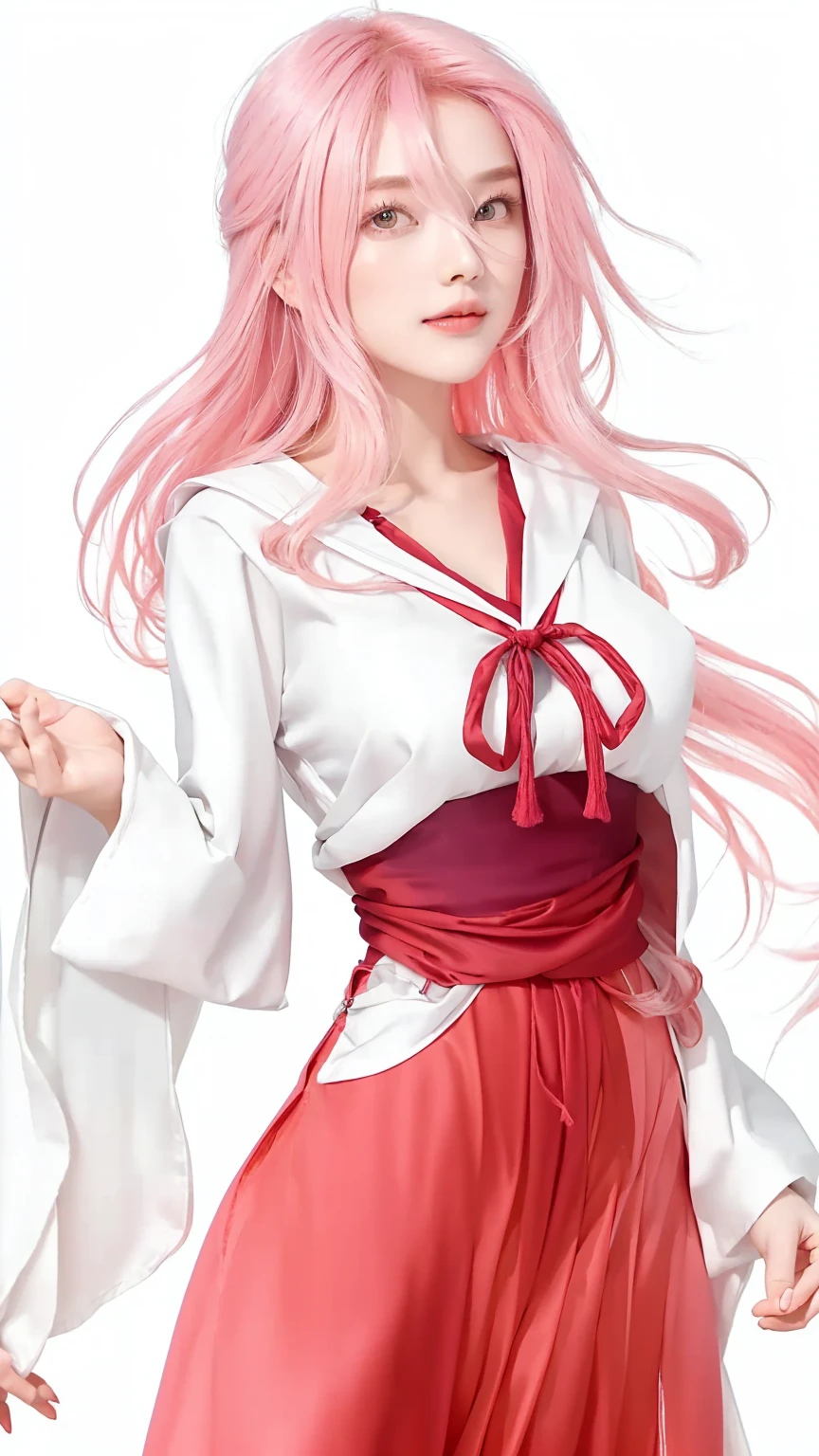 Beautiful girl with pink hair and white shirt and red skirt,flowing hair and long robes,beautiful girl with long hair, beautiful character
