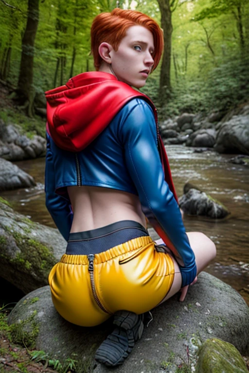 8k, best quality, (photorealistic:1.4), raw photo, 1boy, red hair, blue hooded cape, ears sticking out, pose: sitting on a rock in a forest river, yellow eyes,  hotpants, rear view, (rear zipper:1.2), latex, (legs apart), crop top, facing camera