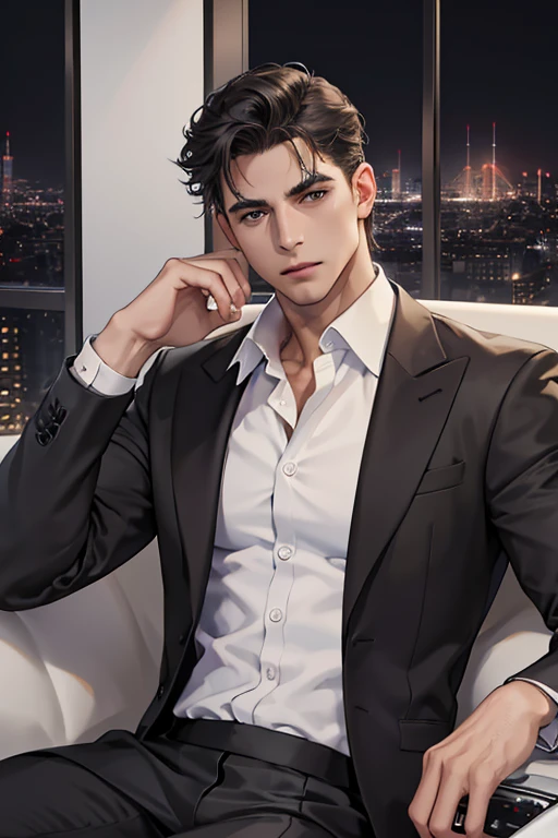 Ridiculous resolution, high resolution, (Masterpiece: 1.4), hyper detail, 1 boy, Face focus, nighttime, mature man, successful people, black suit, jacket, white shirt, Serious and cold expression, sitting in a luxury car (1.3)