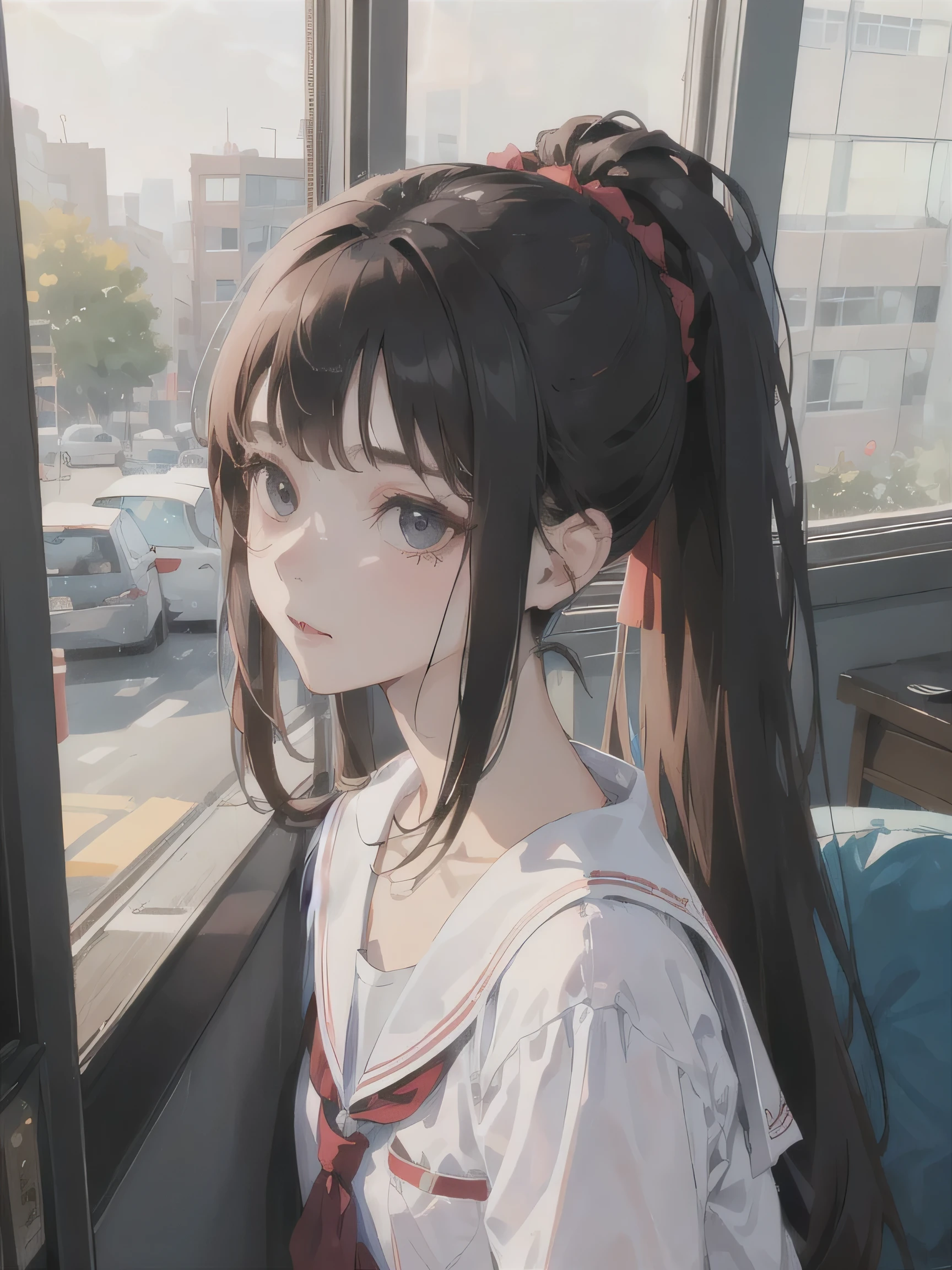 1girl, adult, long brown ponytail hair, black eyes, wearing , school, absurdres, high detailed eyes and face, high res, ultrasharp, 8K, masterpiece, photorealistic, best quality, looking out the window