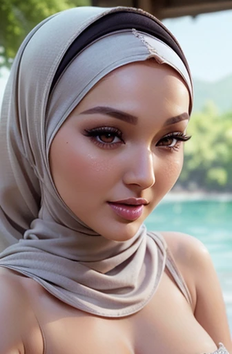 Seductive scene, close up photo of a sexy naked Pakistani girl with hijab (neelofa:1.4), wet lips, 1 mole below eyes, look at a camera and smile, natural make up, white pastel hijab, cute young face, 18 yo, soft volumetric lights, (perfect face), (ArtStation:1.2), medium breasts, bulging nipples, full body, outdoor