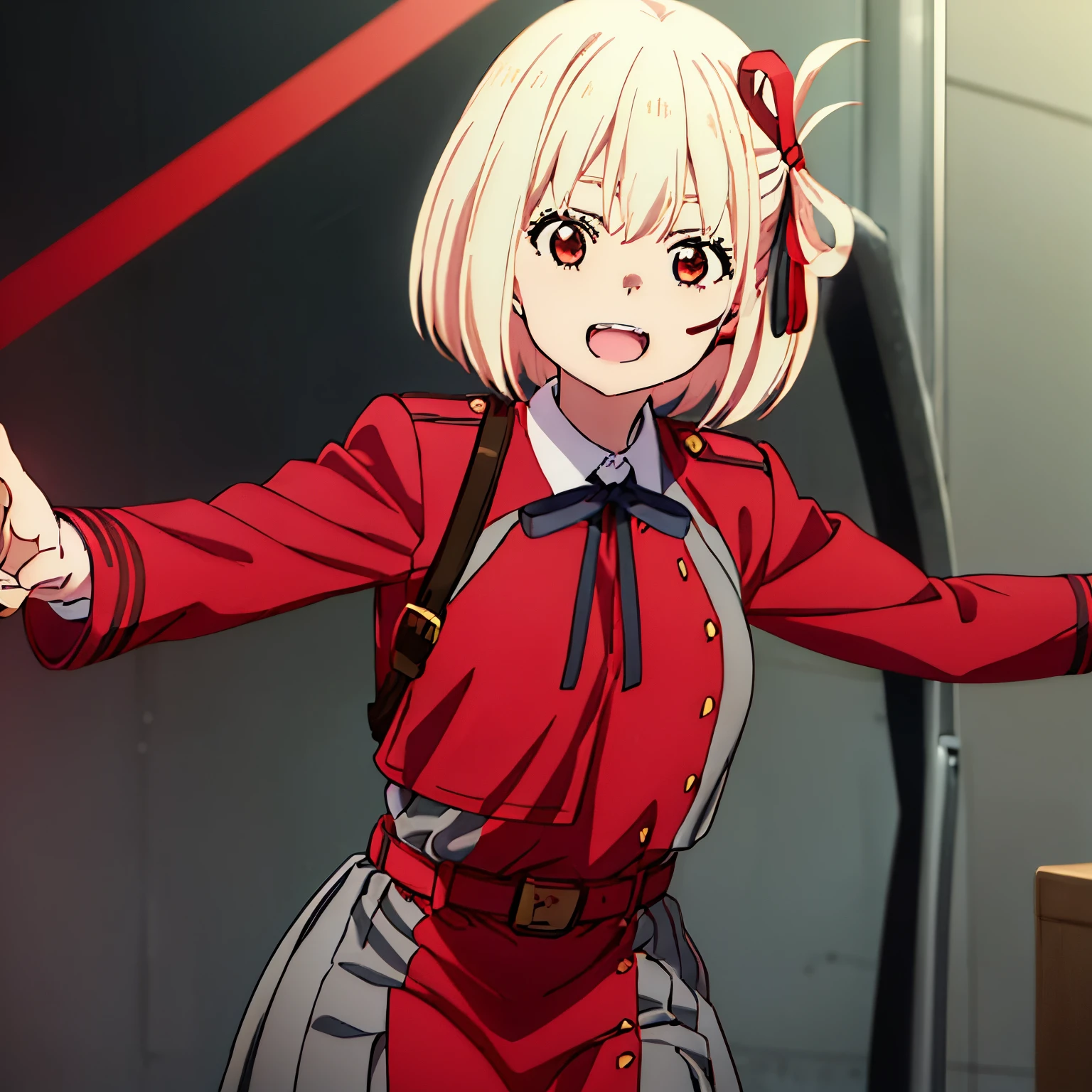 chisato, 1girl, solo, short hair, hair ribbon, breasts, neck ribbon, collared shirt, lycoris uniform, two-tone dress, red dress, grey dress, long sleeves, red belt, face of happiness, smile mouth, police office, (((1girl))),(((Solo))),(((1 person))).