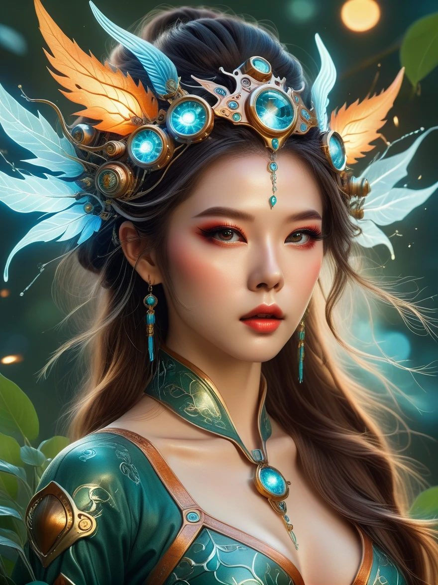 (portrait), cowboy shots, Female Elf Portrait, A unique blend of fantasy and futuristic mechanical themes, ((Holding a mechanical gemstone wand, casting lightning magic)), ((Show charming beauty)), Her facial features are very beautiful, Pointy ears and charming eyes, Complements the flowing hair, The costume she wears combines traditional elf clothing with modern mechanical elements., Symbolizes the intersection of magic and technology, The background blends a mysterious forest with subtle futuristic elements, Plus a unique theme, Her expression is full of confidence and strength, Capturing the Grace and Power of Mythical Spirits, International Superstar Model Show, Psychedelic stage, Ethereal atmosphere, Exquisite face makeup, pretty face, a perfect face proportion, (Advanced facial details:1.3), Realistic, movie lighting, Sony FE, wide angle, First-person perspective, hyper HD, Acura, high detail, anatomically correct, 8k, masterpiece, textured skin, best quality