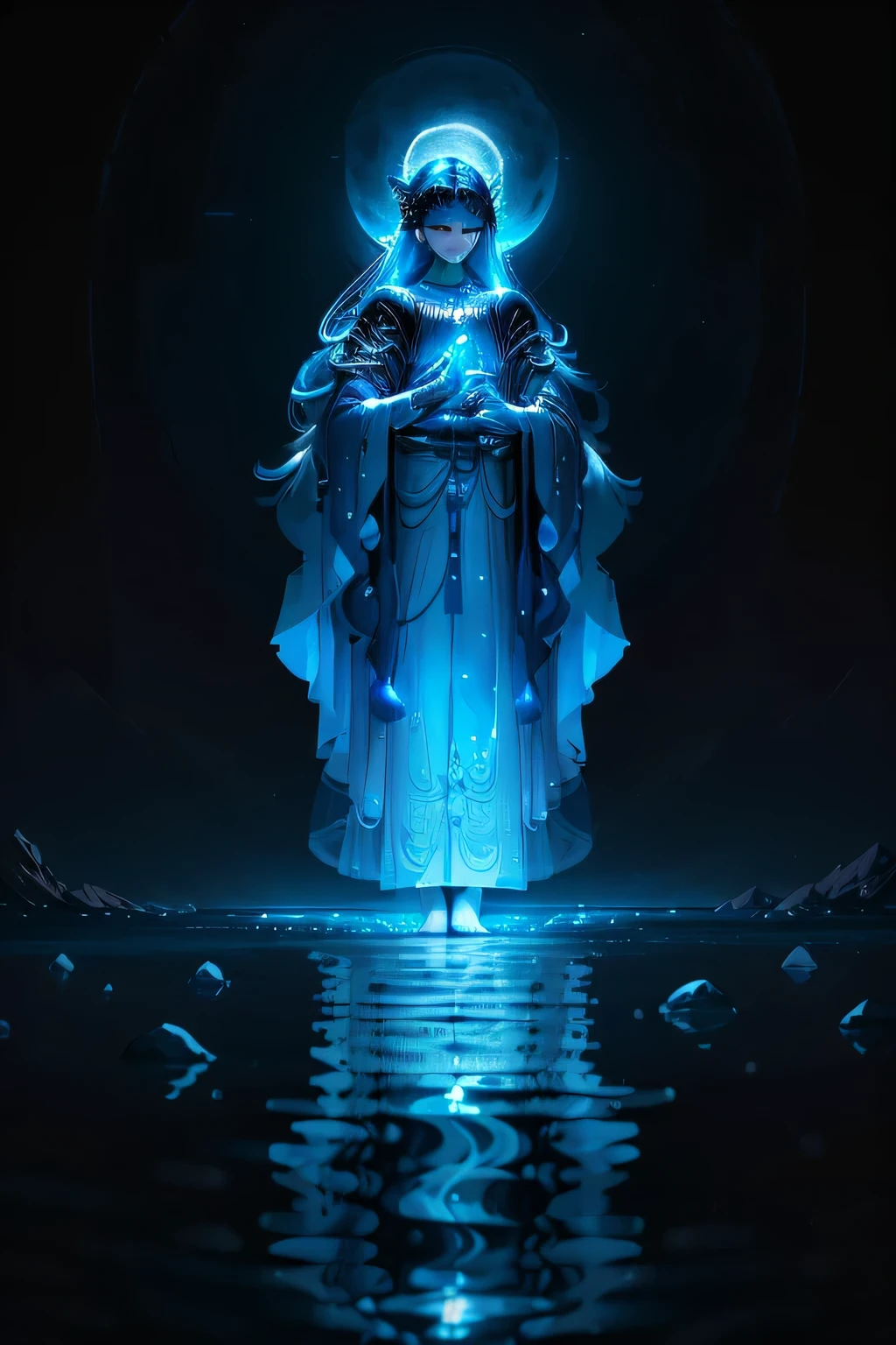 In the tranquil expanse of the night, the Moon took on a human form, its long silvery-blue hair cascading down to the shores of a calm and mirrored sea. The Full Moon's gentle light shone behind him, bathing the serene scene in a soft, ethereal glow. The Moon's eyes, as radiant and pure as the stars that twinkled around him, held a quiet, calming energy. His regal form exuded an air of mystery and wisdom, invoking a sense of awe and reverence in all who beheld him under the vast, velvet canvas of the star-studded night sky. The intricacies of his