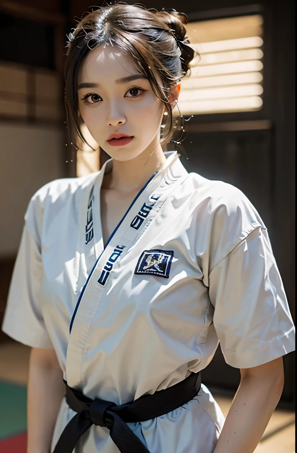 (8K、Raw photo、image quality、、、、、、table top:1.2)、(realistic、Photoreal:1.37)、Japanese female judoka、black belt white judo uniform、Cowboy composition、Front line of sight、dark tatami room、solemnity、intimidating appearance、dignified atmosphere、muscular upper body、Stand with dignity、menacing posture、hair tied up in a bun
