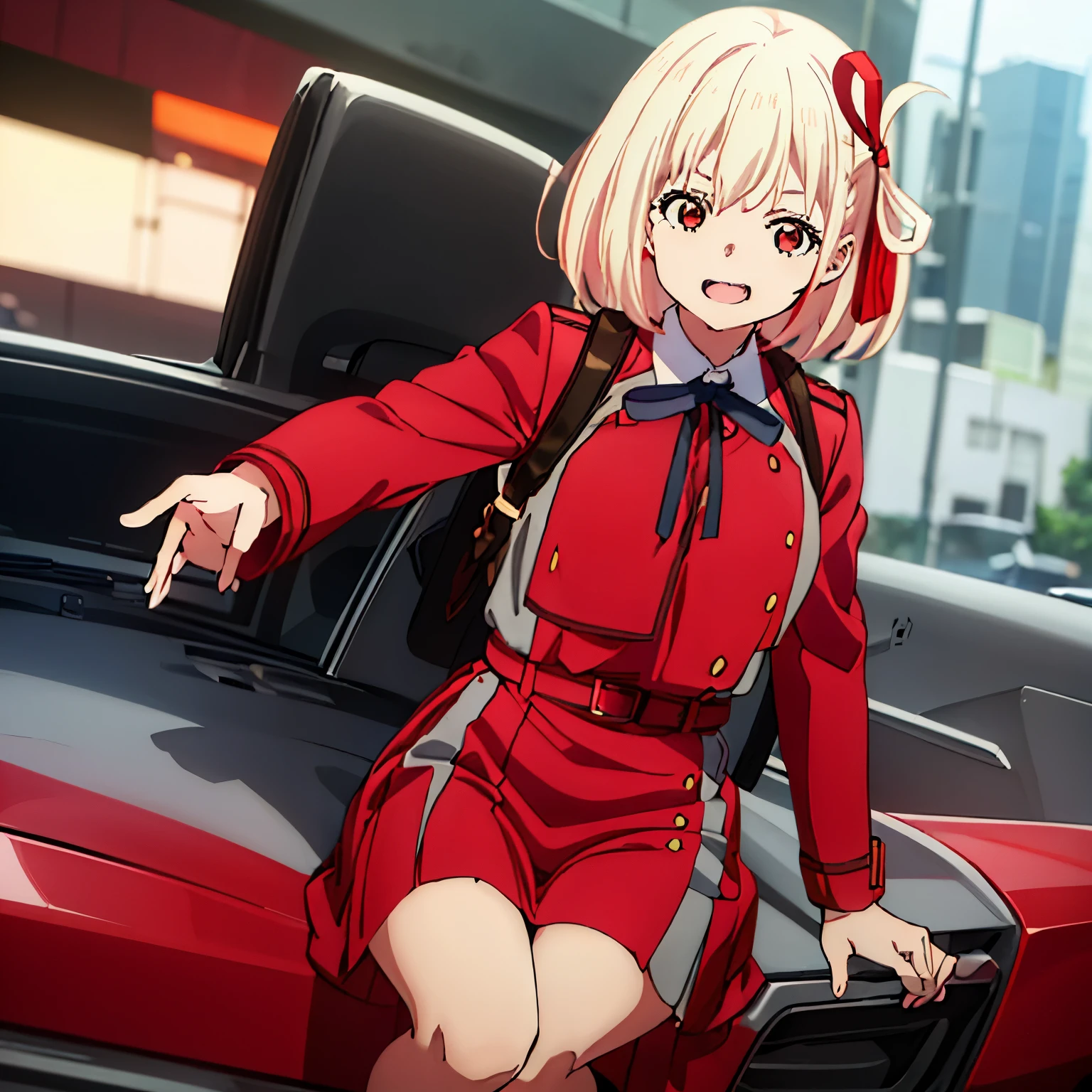 chisato, 1girl, solo, short hair, hair ribbon, breasts, neck ribbon, collared shirt, lycoris uniform, two-tone dress, red dress, grey dress, long sleeves, red belt, face of happiness, smile mouth, police office, (((1girl))),(((Solo))),(((1 person))).