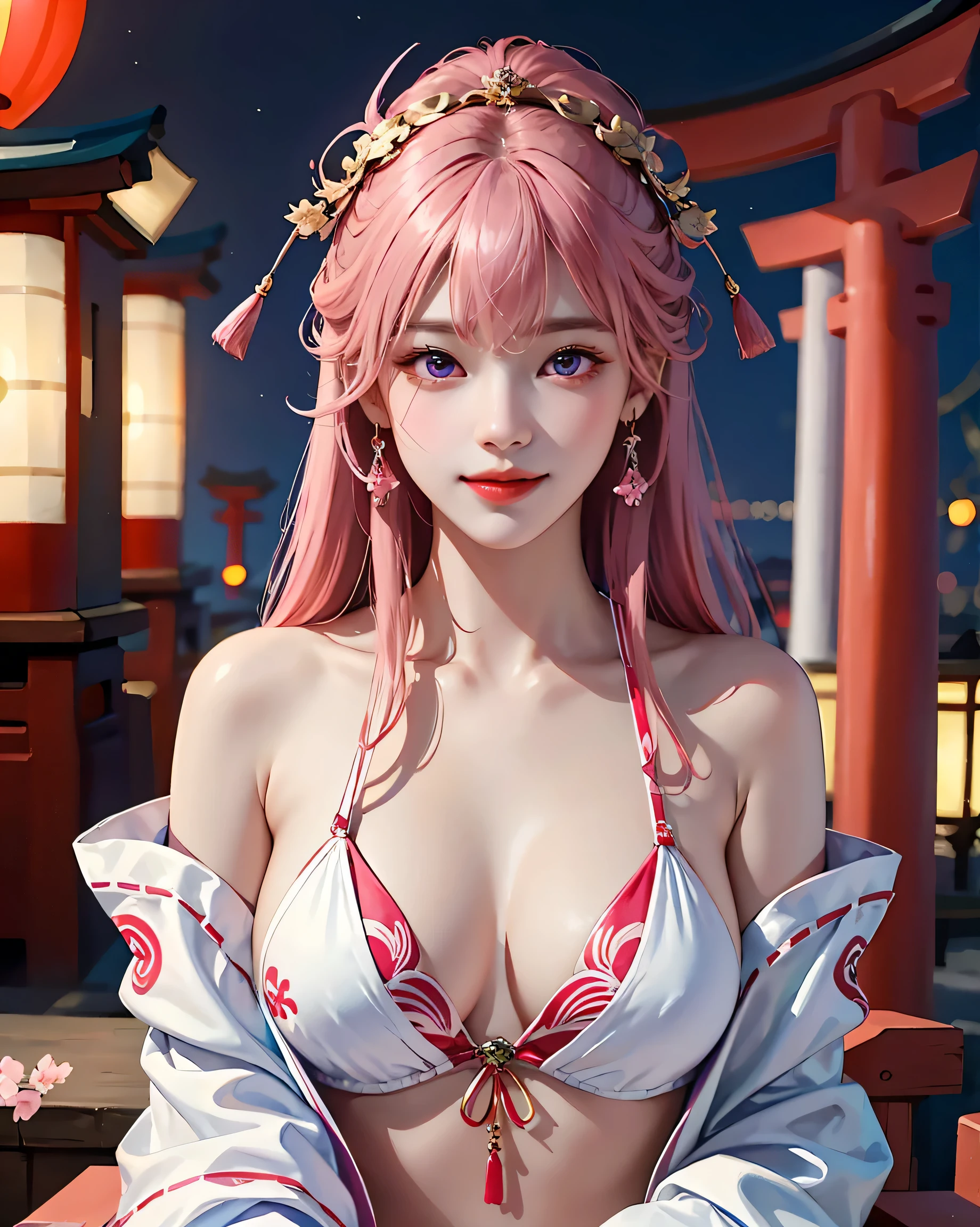 1 girl, (Ulzzang-6500:0.7), K-POPアイドル, yae miko, bikini, removed sleeve, bare shoulders, pink hair, long hair, bikini, highest quality, (painting:1.5), (hair ornaments:1.35), jewelry, purple eyes, earrings, chest, torii, cherry blossoms, lantern light, Depth of the bounds written, detailed face, face focus, ribbon_trim, (looking at the viewer:1.25), non-traditional shrine maiden, shiny skin, long sleeve, smile, thick lips, game CG, put your hand on your lips, east asian architecture, (blurred background:1.2), sitting, Upper body, bikini