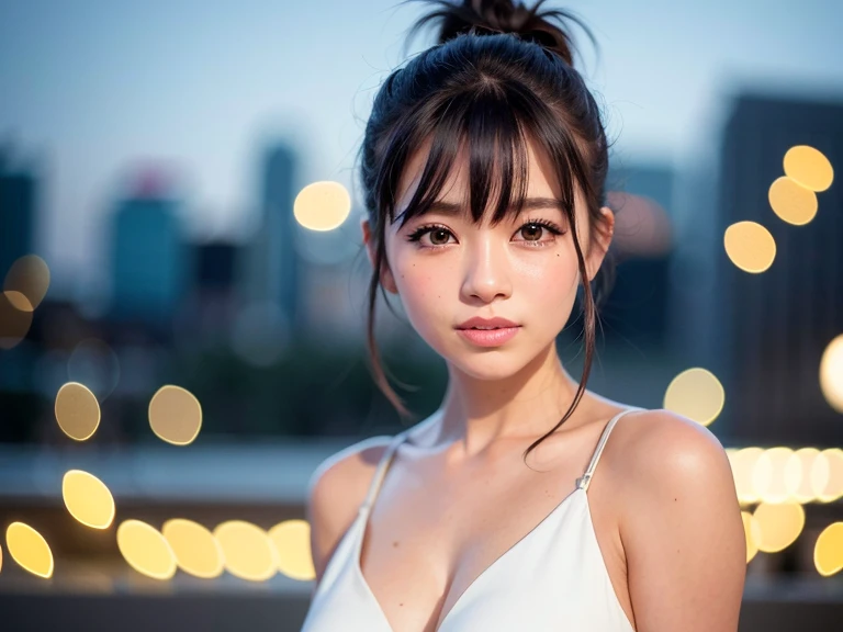 Bangs, Hair Accessories, City, Night, High Ponytail, Armpits, Light Smile, Medium Breasted, Perfect Skin, (8k, RAW Photo, Best Quality, Masterpiece: 1.2), (Realistic, Photorealistic: 1.4), Girl (Kpop Idol), (aegyo SAL1), Professional Lighting, Photon Mapping, Radiocity, Physically Based Rendering Pure Rose Face _V1,