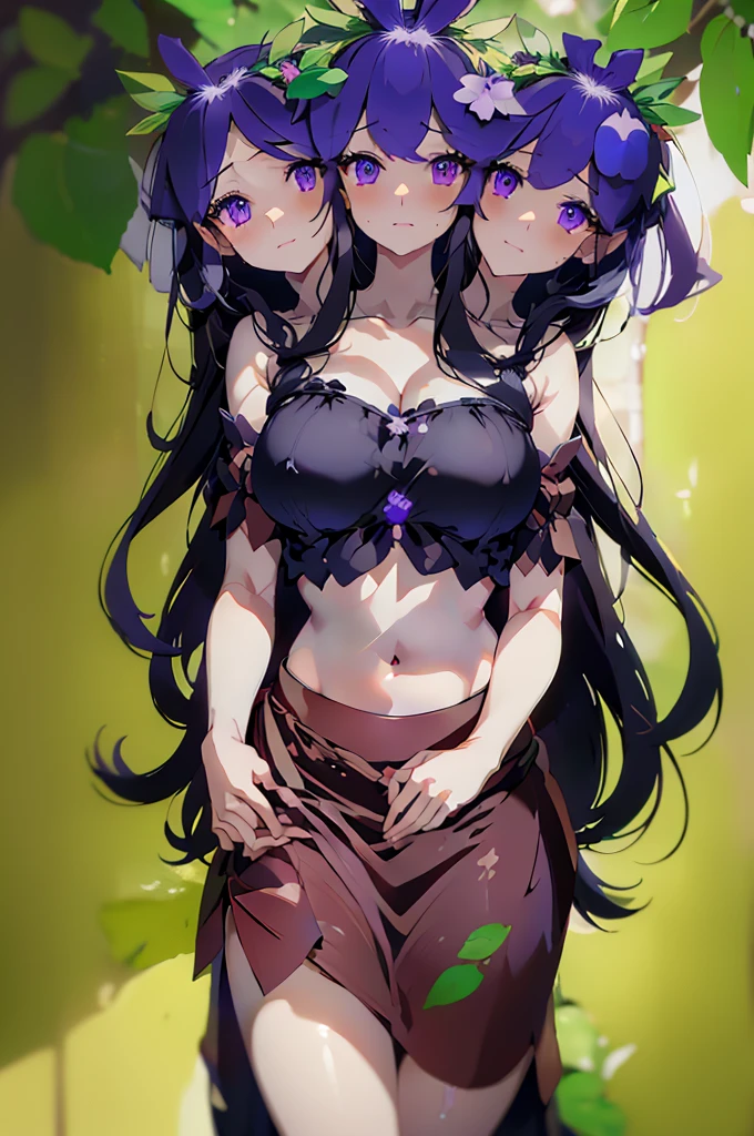 (masterpiece, best quality), best quality, best resolution, (ultra-detailed), (3heads:1.5), 1girl, (hisami yomotsu:1.3), masterpiece, best quality, ultra quality, ultra resolution, ultra detail, purple top, crop top, ((stomach)), midriff, ((groin)), purple skirt, normal ears, shackles, jet-black hair, very long hair, wavy hair, sidelocks, purple eyes, very detailed eyes, parted lips, open belly, sweat, cute, toned belly, hand on own chest, eyelashes, (25 year old woman:1.3), (masterpiece:1.5), (best quality:1.5), (beautiful detailed), extremely detailed CG, extremely delicate and beautiful, depth of field, (finely detailed face), (perfect details:1.2), (mature female:1.3), wide pelvis, slender, large veiny breast, 16k resolution, highres very high quality, very high definition, extremely detailed, masterpiece, jet-black hair, long hair, alluring presence, braid, short skirt, close up, big tits, young, NSFW,