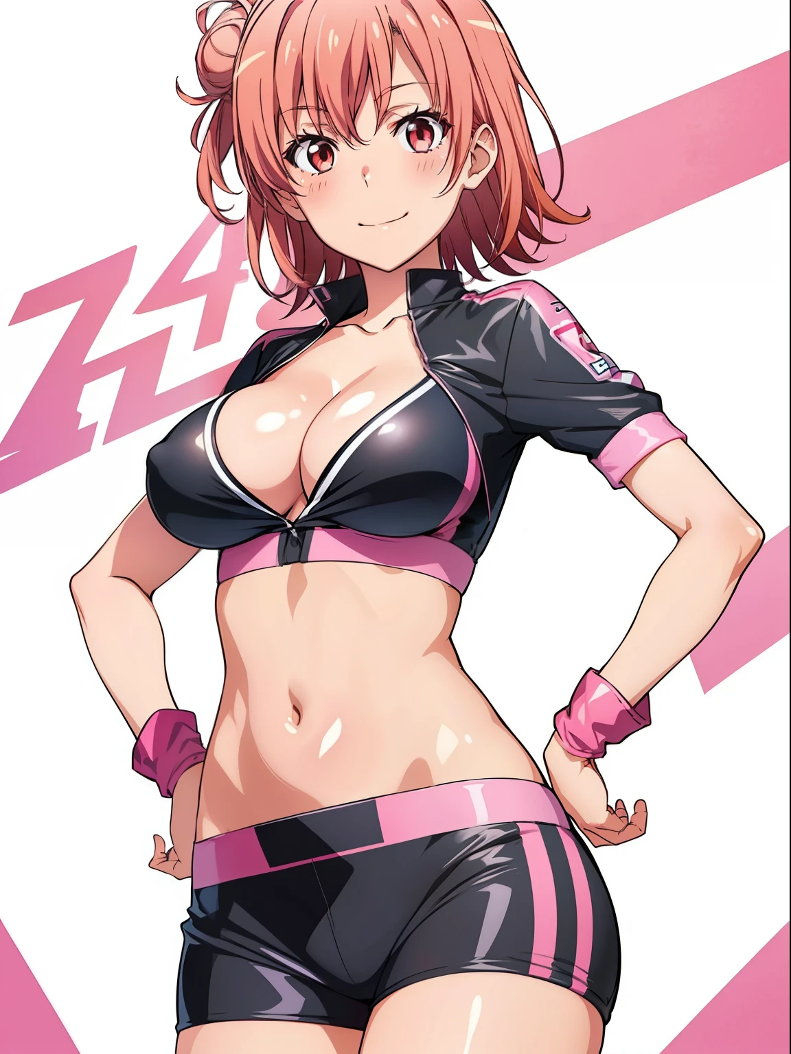 ((masutepiece, Best Quality, hight resolution, nffsw, Perfect Pixel, depth of fields, 4K, )), 1girl in, Solo, , Beautiful anime girl, Beautiful Art Style, close up, Looking at Viewer, Perfect body, Yuigahama Yui, Short hair, single hair bun, pink hair, (large boob), Full face blush, Smile, thighs thighs thighs thighs, race queen, cleavage, belly button, white background, hands on hips, cowboy shot, Focus,