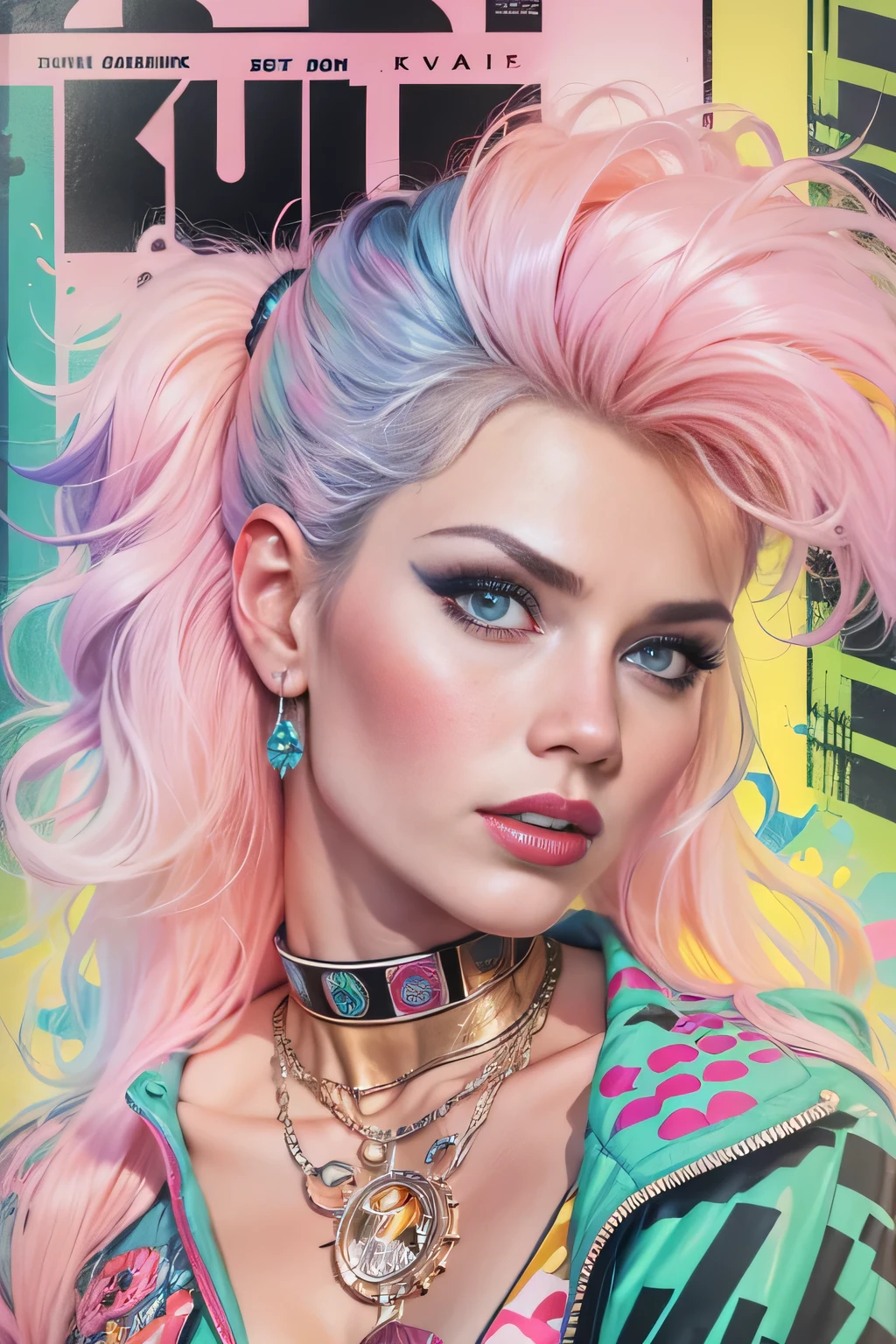 1980s, 1girl, siouxsie, kim bassinger, punk, pastels, sfw, dynamic, 80s barbie clothes, 80s movie poster art style, pattern background