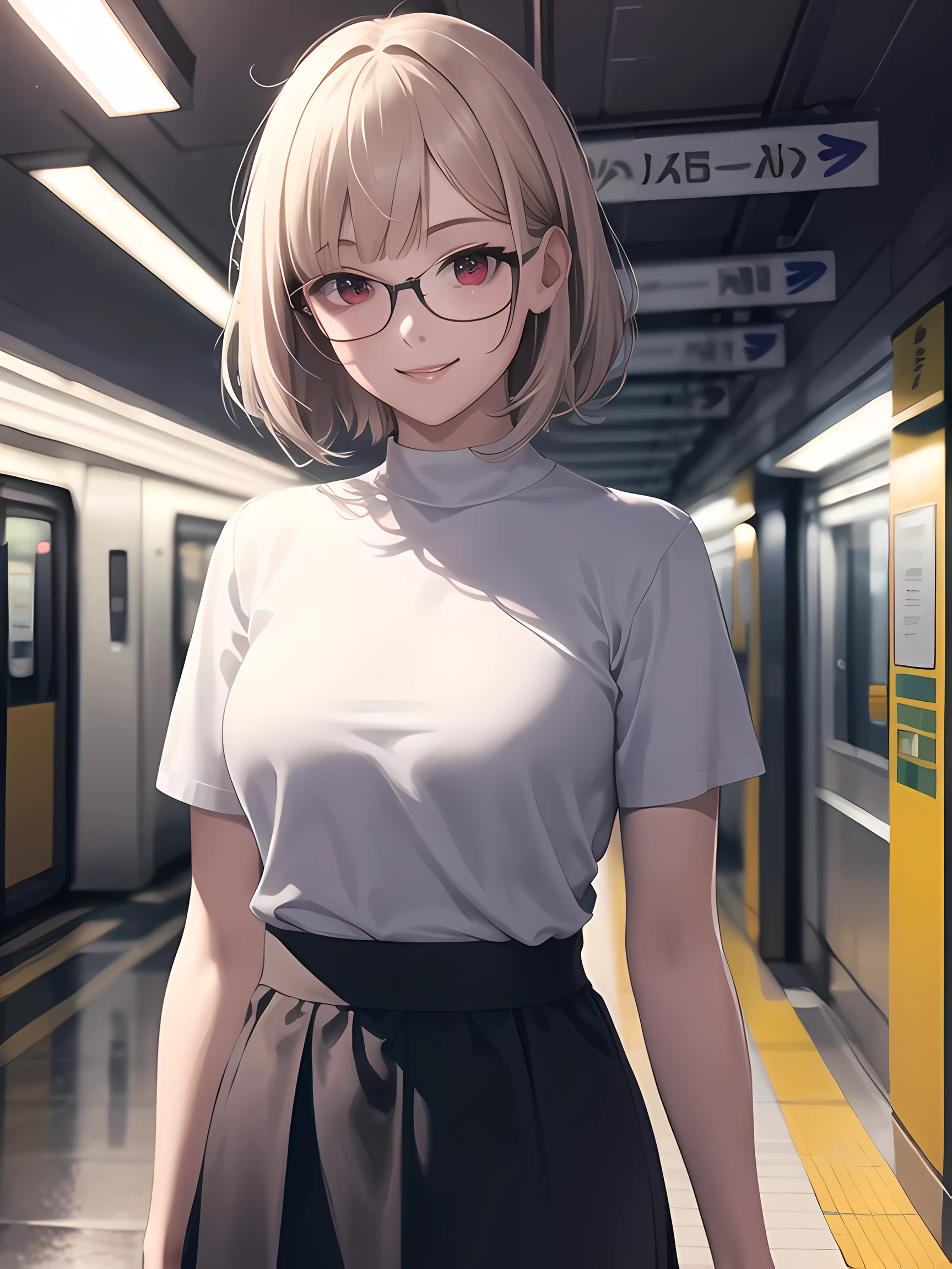 1girl, adult, Short white Wave Hair with Thin Front Bangs, red eyes, wearing Shirt with sweater and skirt, Smile, glasses, underground station hallway, absurdres, high detailed eyes and face, high res, ultrasharp, 8K, masterpiece, photorealistic, best quality,