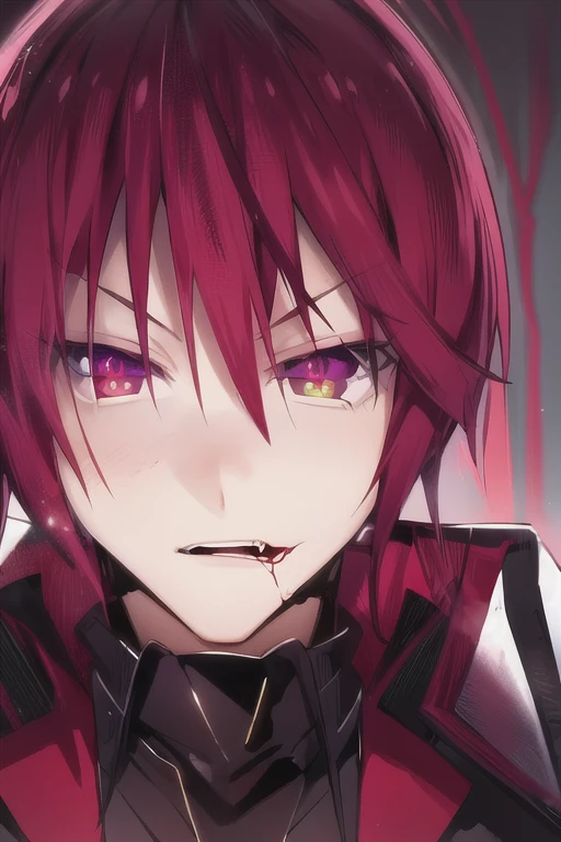 anime character with two heads, he is short, anime image of a man with long hair and a white shirt, bright red glowing eyes, sharp gaze, gapmoe yandere grimdark, his eyes are glowing red, he is so menacing and evil, vampire, sebastian michaelis, anime vampire, his eyes are bleeding heavily,. Gapmoe Yandere.