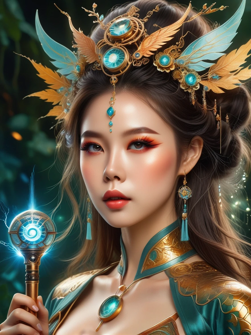 (portrait),cowboy shots,女精灵portrait,A unique blend of fantasy and futuristic mechanical themes,((Holding a mechanical gemstone wand, casting lightning magic)),((Show charming beauty)),Her facial features are very beautiful,Pointy ears and charming eyes,Complements the flowing hair,The costume she wears combines traditional elf clothing with modern mechanical elements.,Symbolizes the intersection of magic and technology,The background blends a mysterious forest with subtle futuristic elements,Plus a unique theme,Her expression is full of confidence and strength,Capturing the Grace and Power of Mythical Spirits,International Superstar Model Show,Psychedelic stage,Ethereal atmosphere,anatomically correct,Exquisite face makeup,pretty face,a perfect face proportion,(Advanced facial details:1.3),Realistic,movie lighting,Sony FE,wide angle,First-person perspective,8k,ultra high definition,masterpiece,Acura,textured skin,high detail,best quality