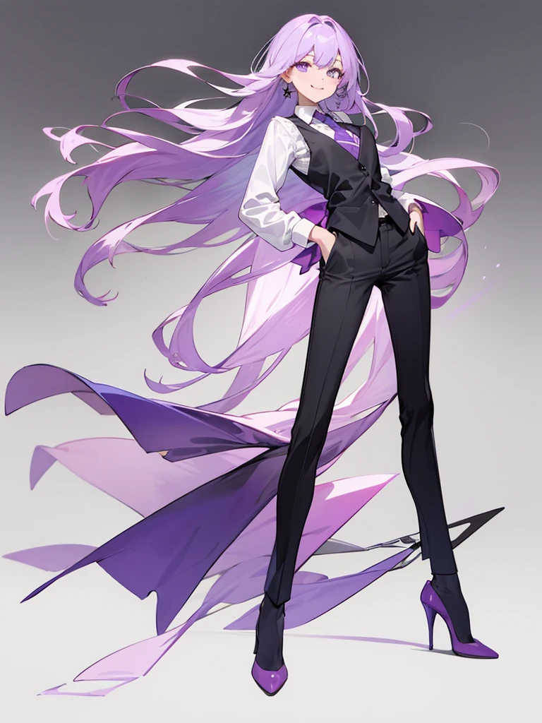 purple,High cut layered hair,woman,bartender,vest,shirt,tie,pants,high heels,all,simple background,smile,whole body,full body,full body,Standing picture,vtuber,upright,,look forward to,body facing forward
