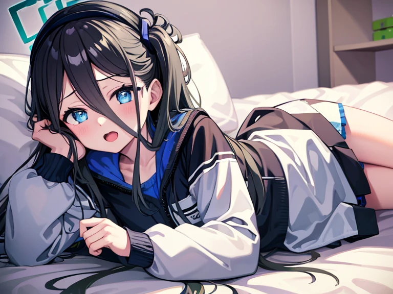 best quality, masterpiece, arisu, Tendou Alice, lying, on side, on bed, arm support, looking at viewer, open mouth, think back, surprised