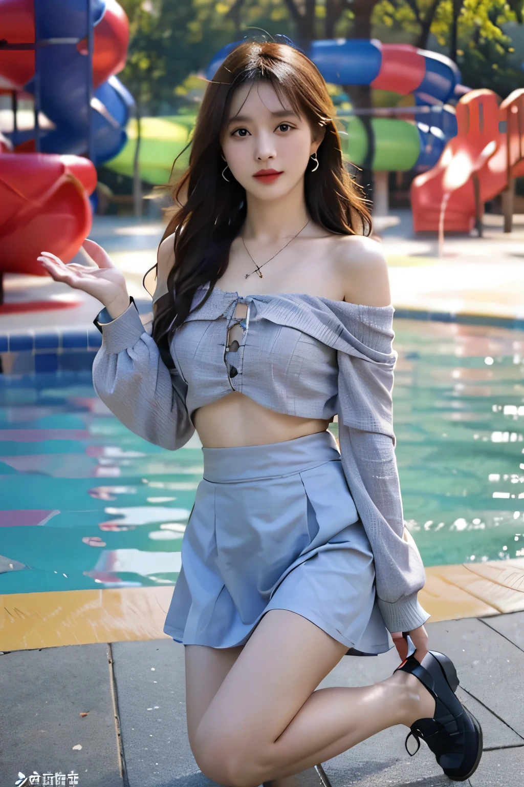 (High-resolution 8K Raw photo-realistic,best quality,),(Stylish long-sleeved off-the-shoulder top，Mini water pattern skirt),(Seven-part shooting,medium shot the scene is),(brown hair),Thin and small,beautiful eyes,Very rich facial details,beautiful woman,tight,Big breasts and thin waist,Big breasts, uncensored,cute female ,glowing skin,20 years old,(water park，fountain，rainbow，Sunlight:1.3)，sharpen,chiffon,gauze skirt，Lace up，headlight，(alone:1.2,)split,Kneel on the ground with your legs,Reaching for the heart，tourists，Transparent Black,pool，crowd，people，brooch，issued，necklace，earring，Tattoos are