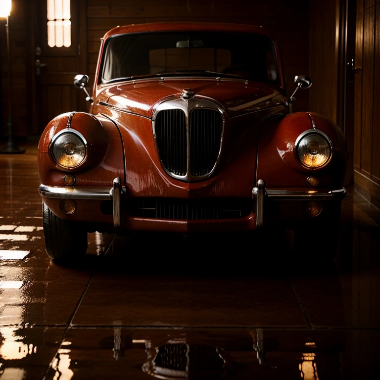 Vintage car gleaming with wetness, parked on a dark-shaded tiled floor reflecting its crimson paint, vintage rustic charm, polished curved fenders, rounded tail-lights glowing amber, rain-kissed metallic surface, embedded glass reflections, water droplets on chrome detailing, tiled floor absorbing the car's silhouette, mazey grout lines leading to infinity, period era ambiance,