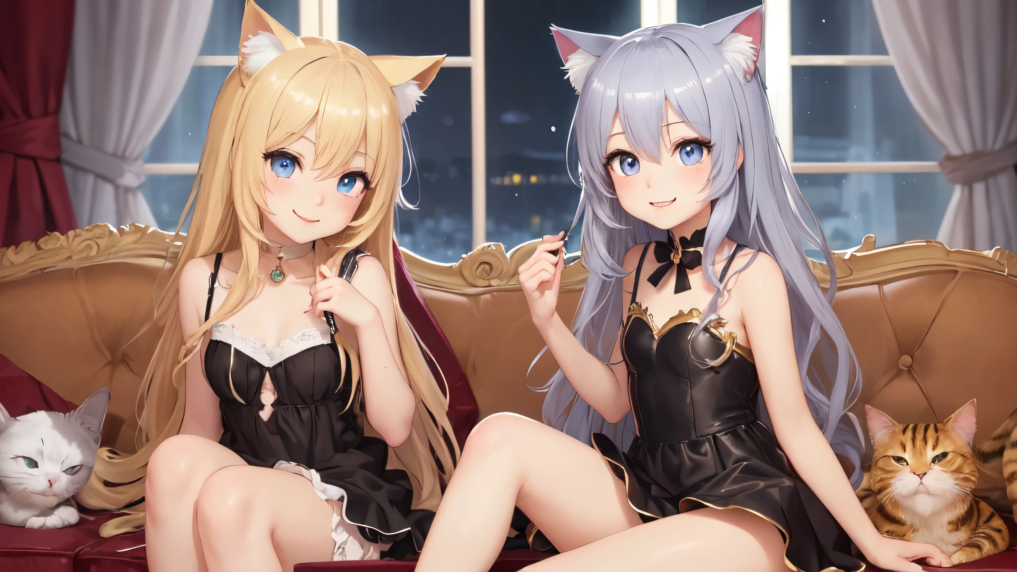 adorable smile,とても魅力的なanime girl,masterpiece, highest quality,beautiful eyes, beautiful hair, beautiful face, beautiful skin, alone, 1 girl, (star(symbol) dynamic angle,sit on the sofa,Light golden long hair、adorable smile、anime girl,Cat ear,cute clothes,Moonlight twinkle, Rose, Black curtains,luxury room,((best quality)),((very detailed))、((緻密でbeautiful eyes)),(eyelash),Fantasy Art of Azur Rain