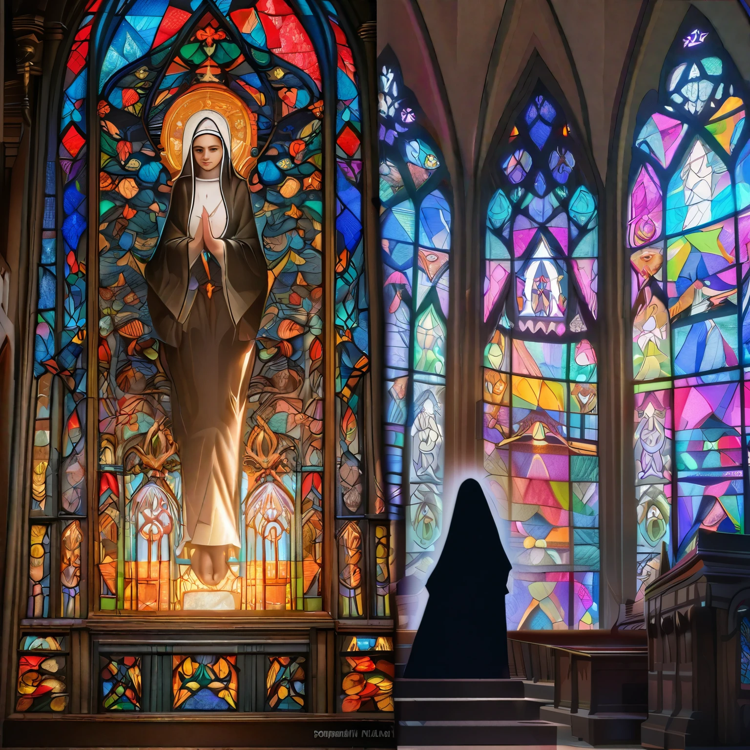 (best quality,8k,highres, masterpiece:1.2), ultra-detailed, (1 nun), A detailed depiction of a church drawn by a professional、Official Church Art、Professionally painted stained glass with intricate detail、pray, (multiple exposures, silhouette art, intricate depictions),(fantasy、majestic、chic)