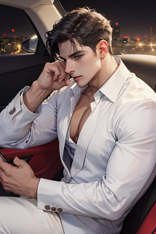 Ridiculous resolution, high resolution, (Masterpiece: 1.4), hyper detail, 1 boy, Face focus, nighttime, mature man, successful people, black suit, Incredibly big breasts (comprehensive), Jacket, white shirt, Serious and cold expression, sitting in a luxury car (1.3)