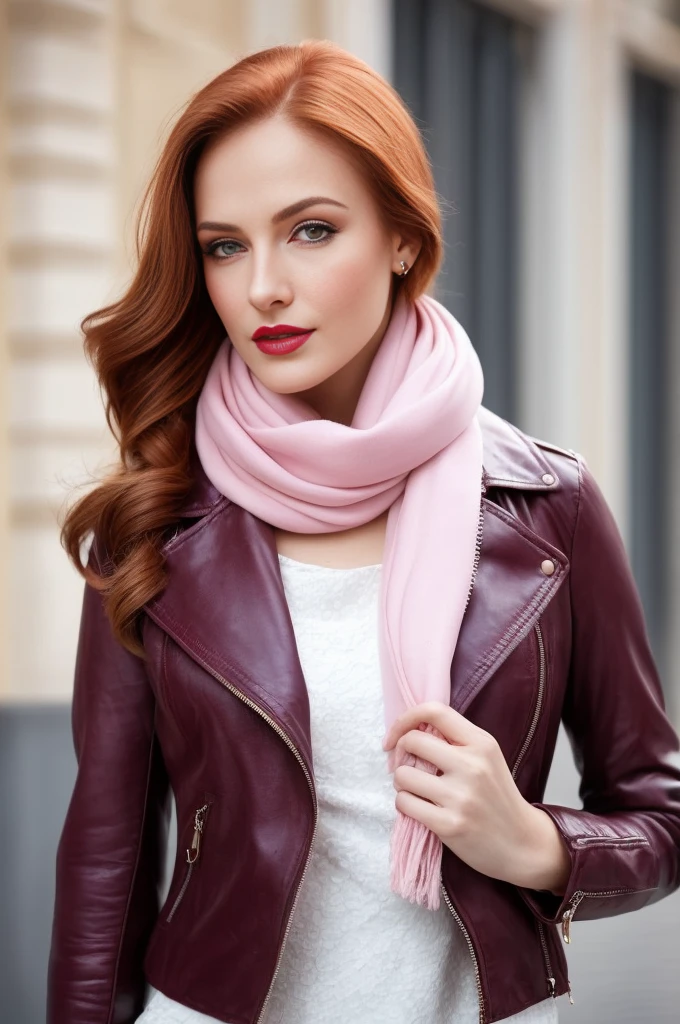 A close-up portrait of a gorgeous, beautiful, stunning russian woman wearing a elegant outfit: a red wine leather jacket, a white blouse, a pastel pink scarf. A redhead woman from Russia, delicate thick rose lips, pastel pink skin tone, soft flawless pale skin, elegant make-up, rose lipstick. Classy, elegant, sophisticated redhead woman, a majestic lady, dream beauty, ethereal beauty, angelical beauty, delicate, sensitive, tender, lovely, romantic, kind-hearted, feminine and strong, brave, determined woman from Russia. Elegant look, pink style, flowing and glowing wavy ginger hair. She's making a photo book, posing for camera, professional photograph, editorial photograph, portrait photograph of a female russian model.