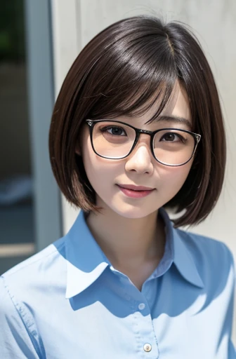masterpiece、highest quality、8K quality、Realistic、Portrait、
Japanese、1 female、30 years old、Height: 155cm、（Yamato Nadeshiko：0.7）、
pure atmosphere、Clean atmosphere、soft atmosphere、Gentle atmosphere、(gentle expression:1.0)、
(Look at me with kind eyes),
social person、Working for a company、
short hair、wear glasses、(neatly dressed)、(light blue shirt:1.0)、
