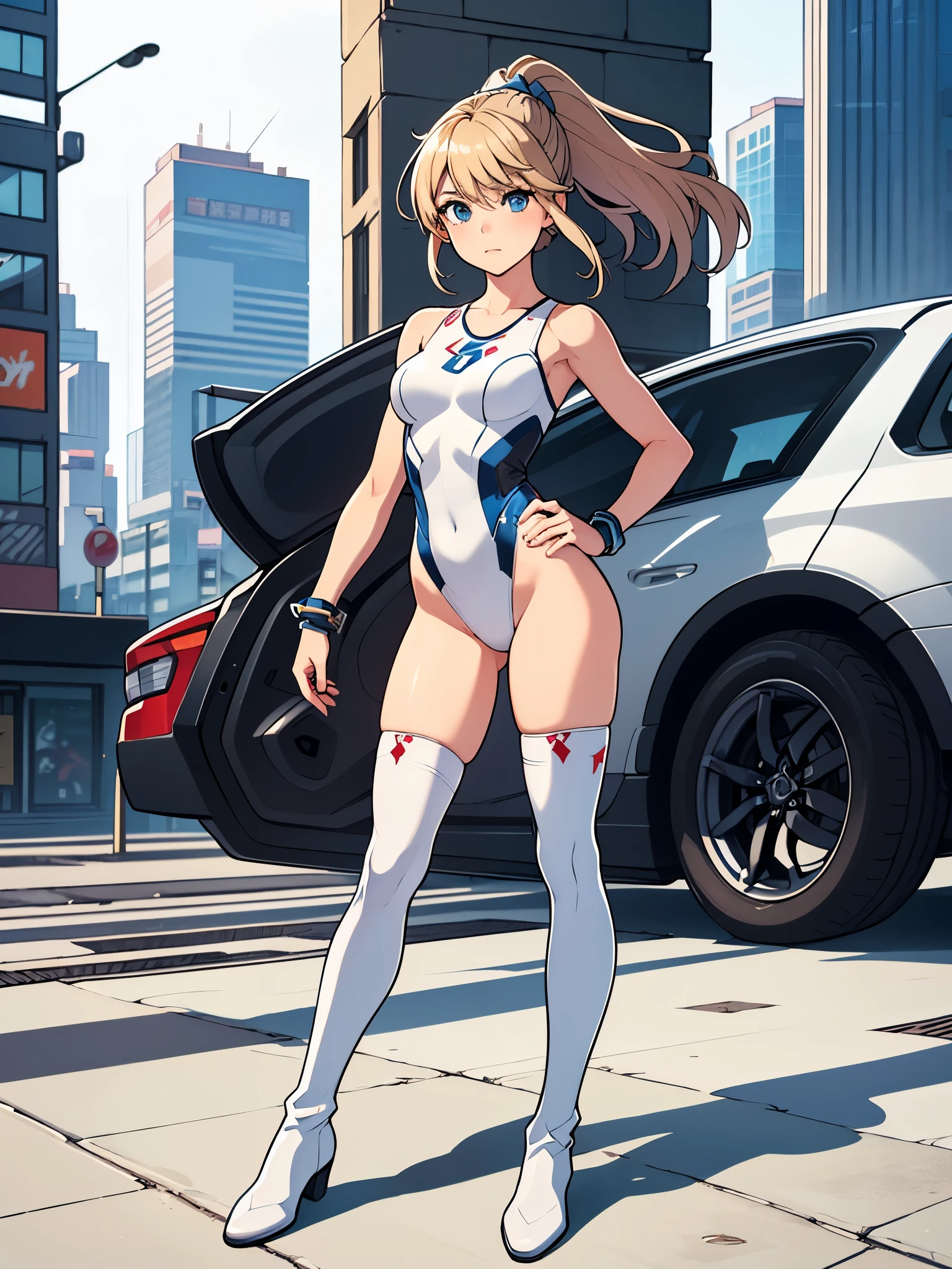 1girl, light blonde hair, aquamarine eyes, boots, breasts, bracelets, full body, hair ornament, (shoulder-length hair, ponytail), full body with costume, leotard, white leotard with blue accents, bare legs, white stockings, white boots, medium breasts, perfect hands, complete fingers, solo, standing, superhero, (lighting logo on chest), beautiful detailed eyes, beautiful detailed face, age 18, full body zenkai! asuka suit, full body portrait, body infused with electricity, diffraction spikes, heroic, standing straight, hands on hip, cowboy shot, city backdrop