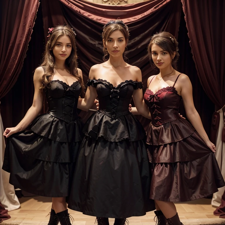A dress of a deep cherry color with an elegant row of bows that descends down the center of the fitted bodice with a neckline enhanced by a matching bustle and ruffles with scalloped skirts and five thin layers of different fabrics that alternated among the cherry-colored silks and tulles and fragments of black lace and boots made of an elegant combination of black leather and matching lace.