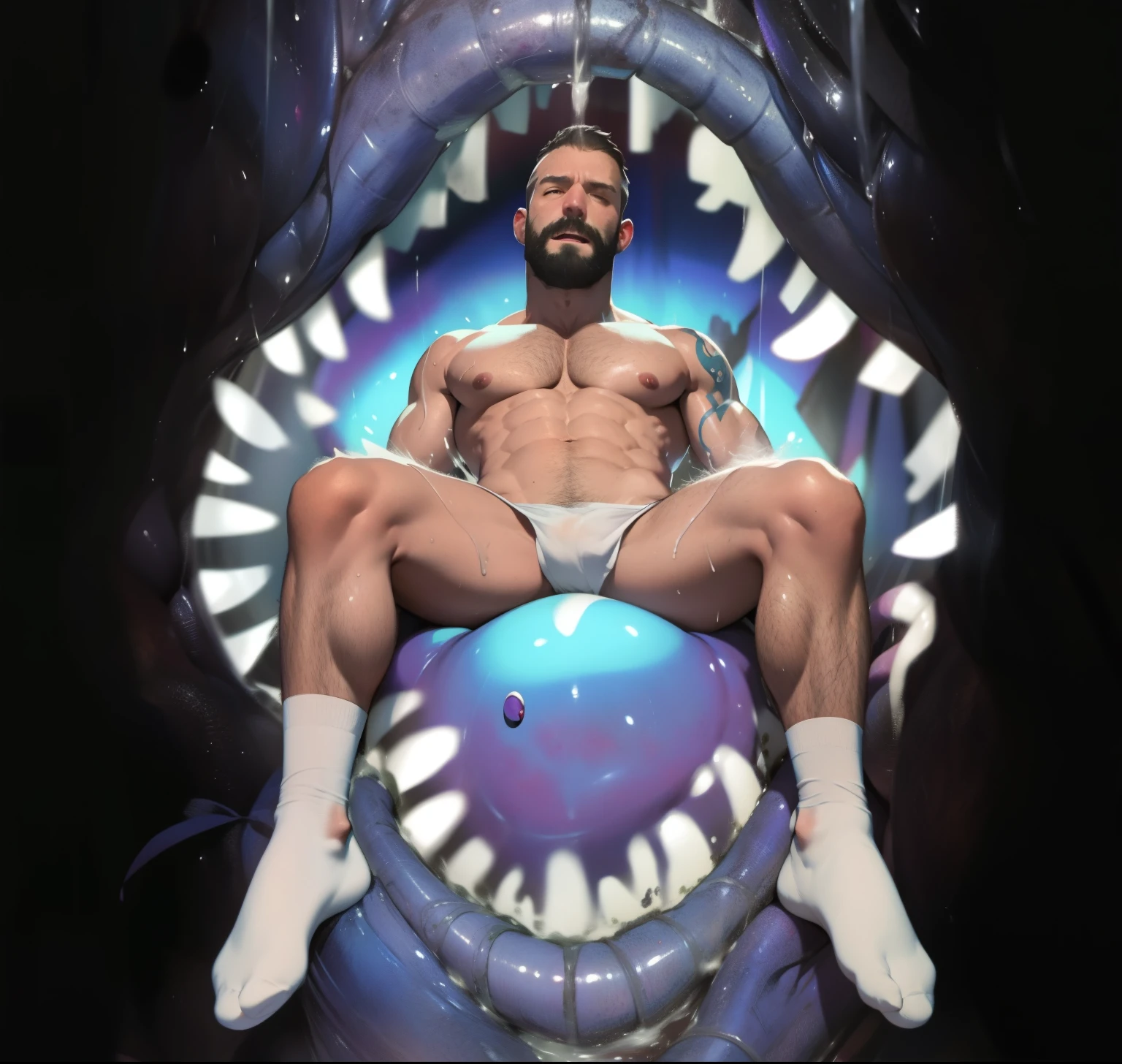 male white 40yo hairy hiker being swallowed by colorful carnivorous plant with teeth and is being digested alive with pleasure he is yelling in pleasure while becoming sexual food to his predator, interspecies, vore, wet, digestion, inside creature, beard, being swallowed, from above, coil, soccer player, underwear, yellow soccer team colors, dilf, excessive cum, mucus, being swallowed, tattoos, bro, he is being engulfed by a mouth, white socks, claws, dirty sweaty socks, sweaty, wet, cum all over body, hairy body, logo socks, tentacles wrapping body, hardcore vore, digestive acids, maw, muscular athletic body, looking at viewer, small tentacles, tendrils