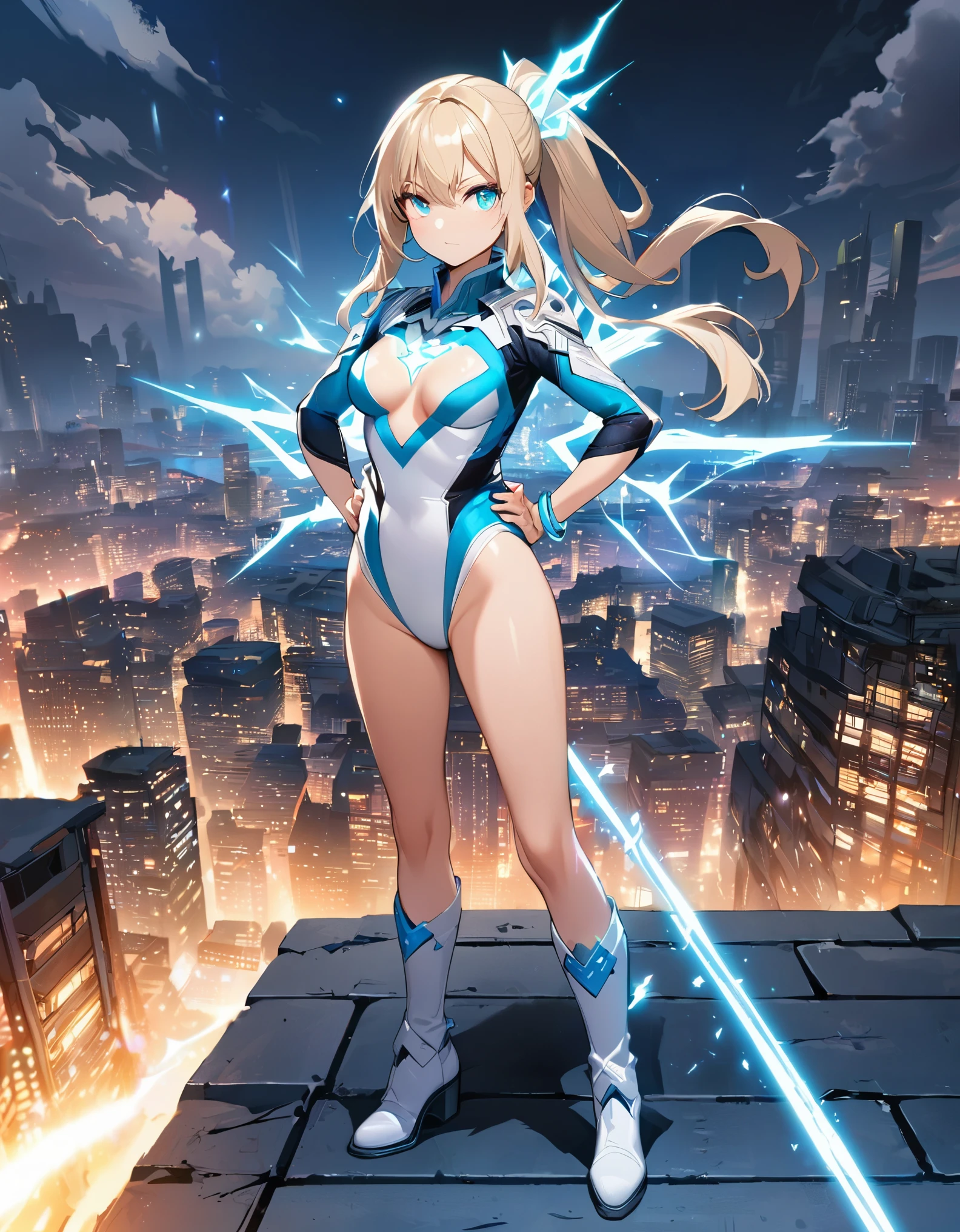 1girl, light blonde hair, aquamarine eyes, boots, breasts, bracelets, full body, hair ornament, (shoulder-length hair, ponytail), full body with costume, leotard, white leotard with blue accents, bare legs, white stockings, white boots, medium breasts, perfect hands, complete fingers, solo, standing, superhero, (lighting logo on chest), beautiful detailed eyes, beautiful detailed face, age 18, full body zenkai! asuka suit, full body portrait, body infused with electricity, diffraction spikes, heroic, standing straight, hands on hip, cowboy shot, city backdrop