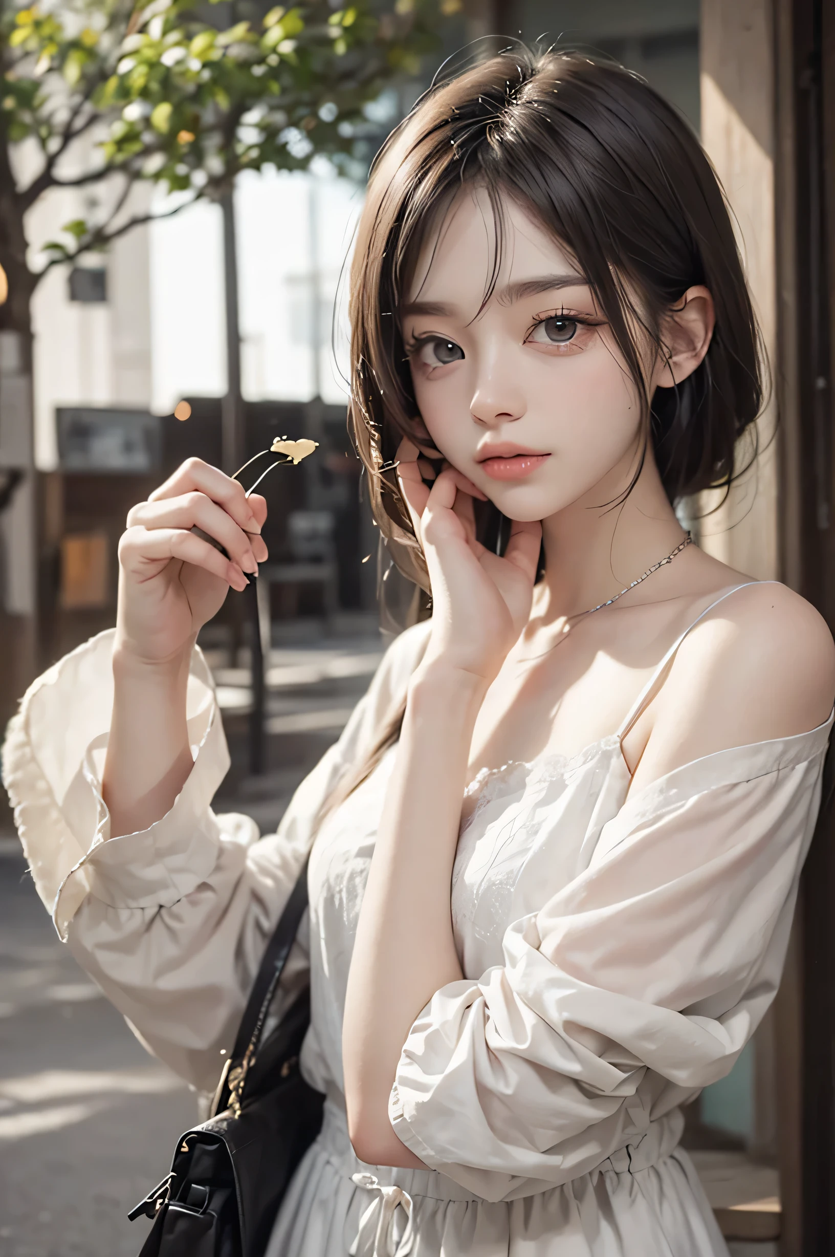 (button up to shirt length: 1.2), (White shirt wet by rain), (unbuttoned shirt: 1.1), big breasts, deep cleavage, best quality, masterpiece, illustration, very delicate and beautiful, very detailed, CG, Unity, 8K wallpapers, amazing, fine detail, highly detailed CG Unity 8K wallpapers, huge file size, very detailed, high resolution, handsome detailed woman, very detailed eyes and face,  Stunning detailed eyes, light on the face, (Best illustration: 1.1), (best shadow: 1.1), ultra high resolution, (photorealistic: 1.1), (photorealistic 1.2:1.1), realistic face proportions, slim, smile, (makeup: 0.4), (fluffy black eyes: 1.21), black eyes, looking at the viewer, dark brown hair, earrings, necklaces, hairpins, cowboy shots, (irregular irregular skin imperfections, veins, skin wrinkles pores: 1.2), (dark night background: 1.2), (bokeh: 1.4),