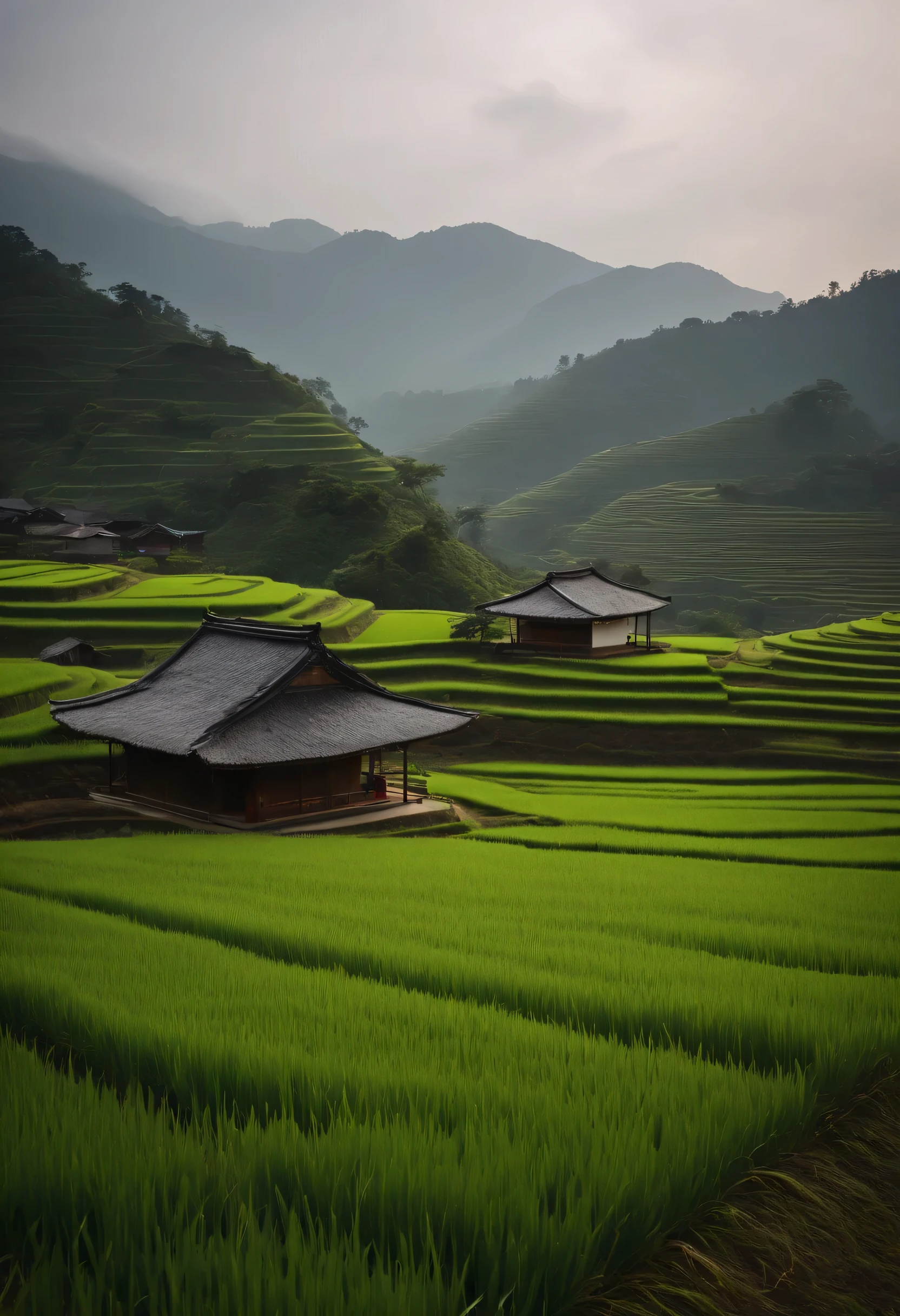 Large expanses of terraced fields, mountains, huts, with rice fields, rice fields, neat rice seedlings in the fields, misty rain, villages, agriculture, in the tranquil landscape, misty weather, in the vast tranquil landscape, in the early morning, in the morning mist, behind a small village, mist, Japanese countryside, thatched roofs --v 6