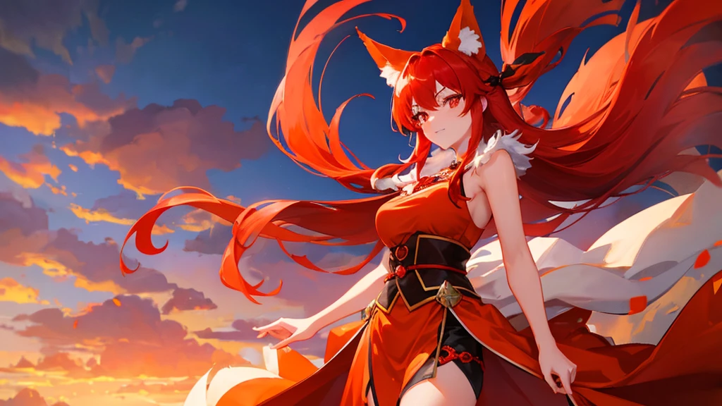 beutiful girl, red hair, red eyes, orange fox ears, orange fox nine tail, red royal clothes, 8k resolution, sky