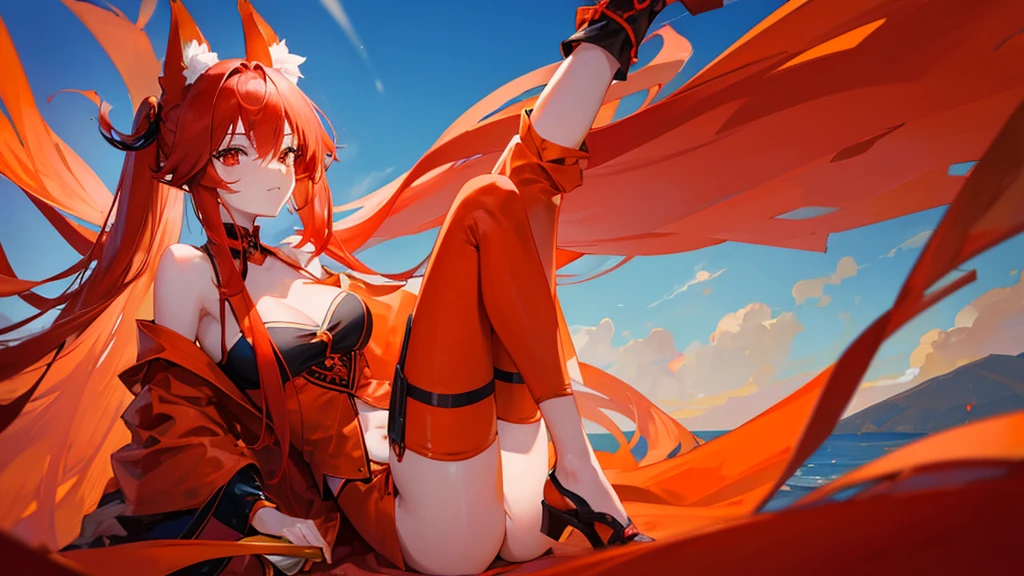 beutiful girl, red hair, red eyes, orange fox ears, orange fox nine tail, red royal clothes, 8k resolution, sky
