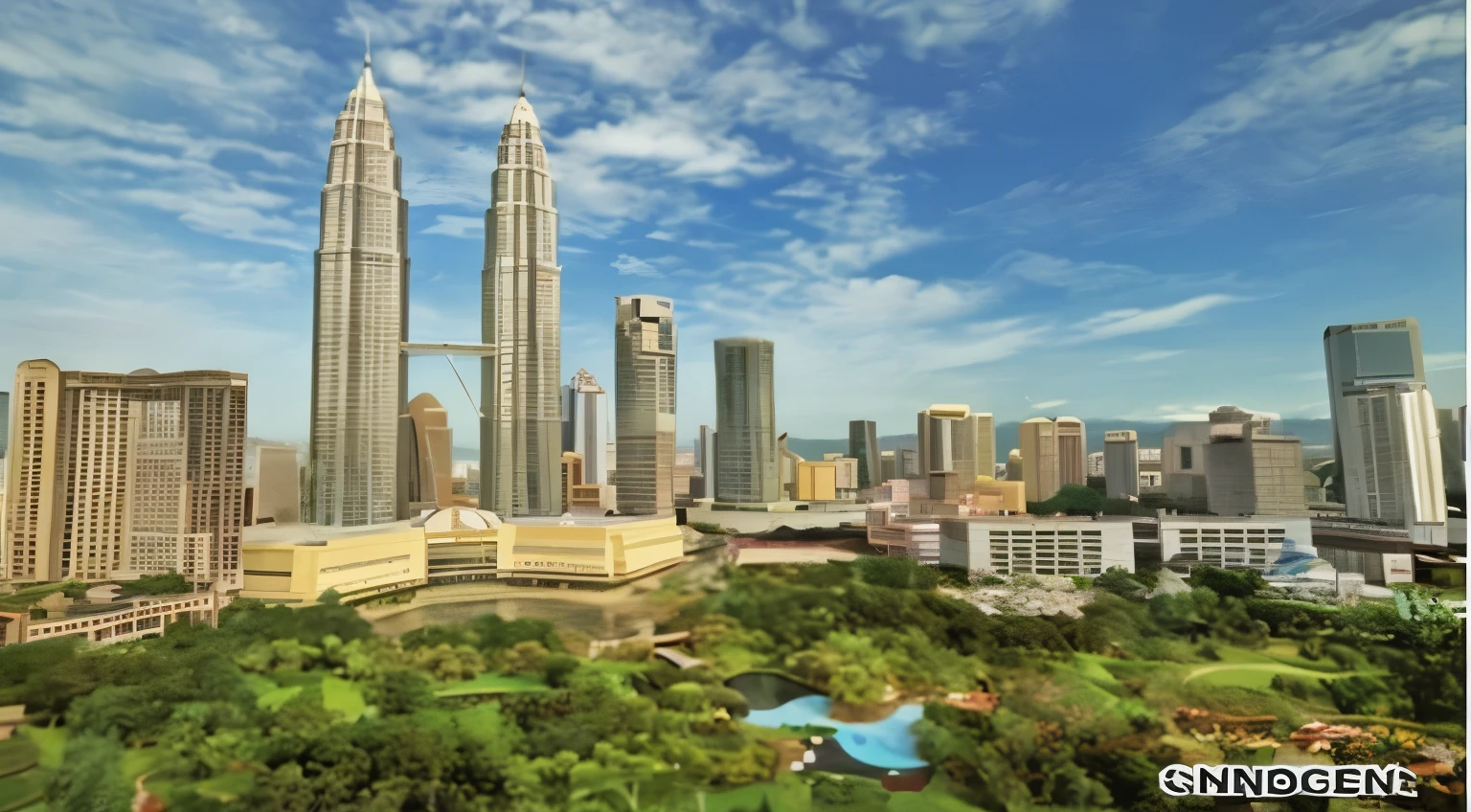 Arafuru view of the city with park and fountain, kuala lumpur, Malaysian, Malaysian Jungle, beautiful city of the future, Malaysia with rice paddies, surreal, post-processed), Nice views, Nice views, post-processed, AAAAAAAAAAAAAA, very beautiful, amazing view, very detailed!, Twin towers, beautiful city, hyper realist, Nice views
