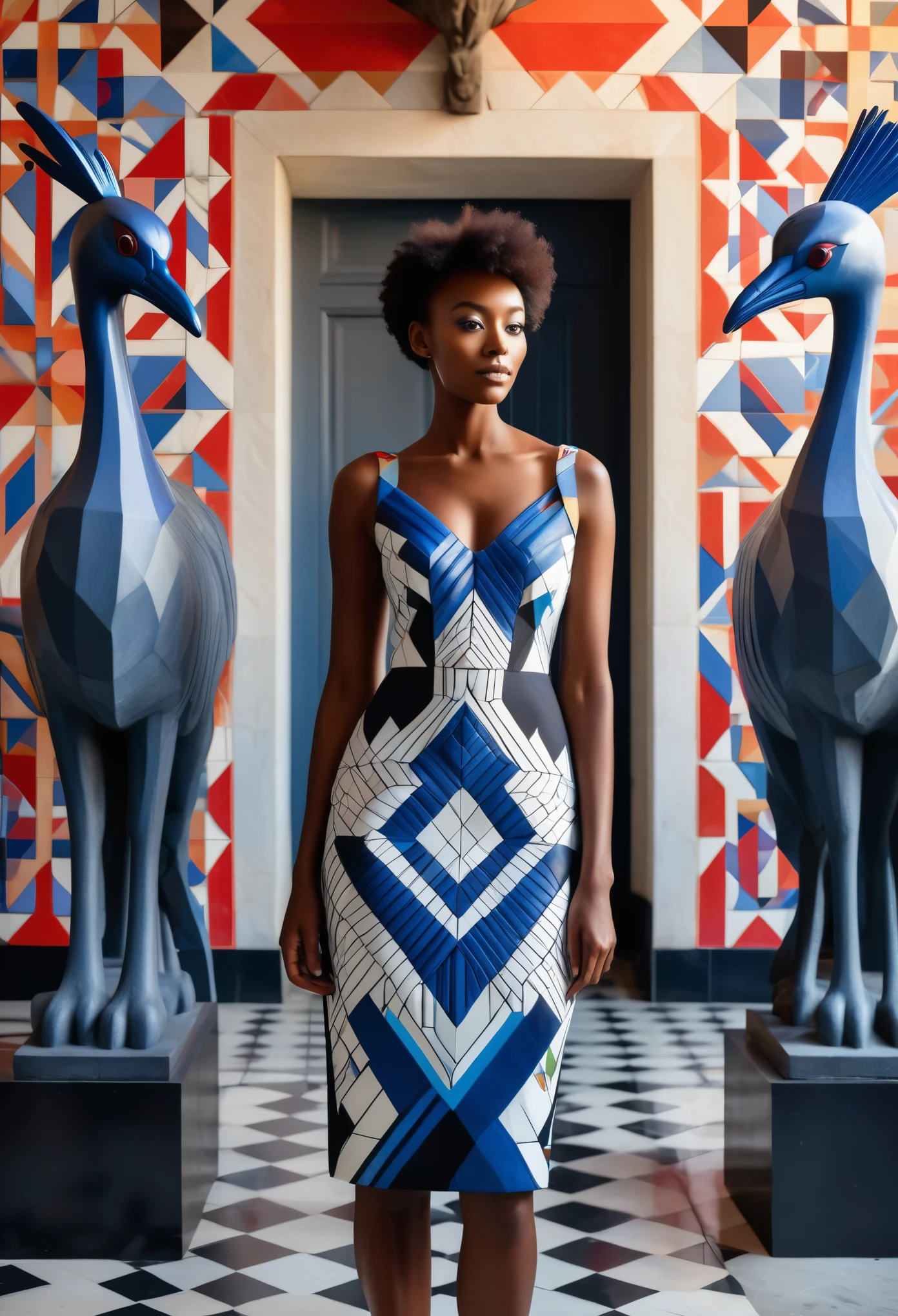 Half body shot of dark skinned black woman wearing a crested crane designed dress, she's standing in a building with sculptures and walls designed by red, blue and white cubism art squares, a beautiful vibrant light shining providing an artistic and creative imagery.