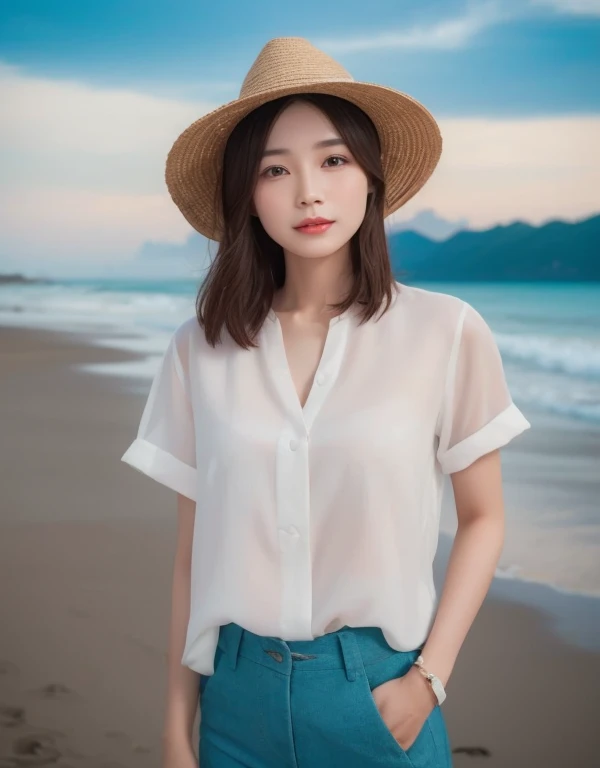 a woman in a hat standing on a beach next to the ocean, xintong chen, mai anh tran, chinese girl, chinese woman, cover photo portrait of du juan, fine white shirt, li zixin, wearing a blouse, wearing a white blouse, wearing white shirt, korean woman, photo 85mm, inspired by Cheng Jiasui