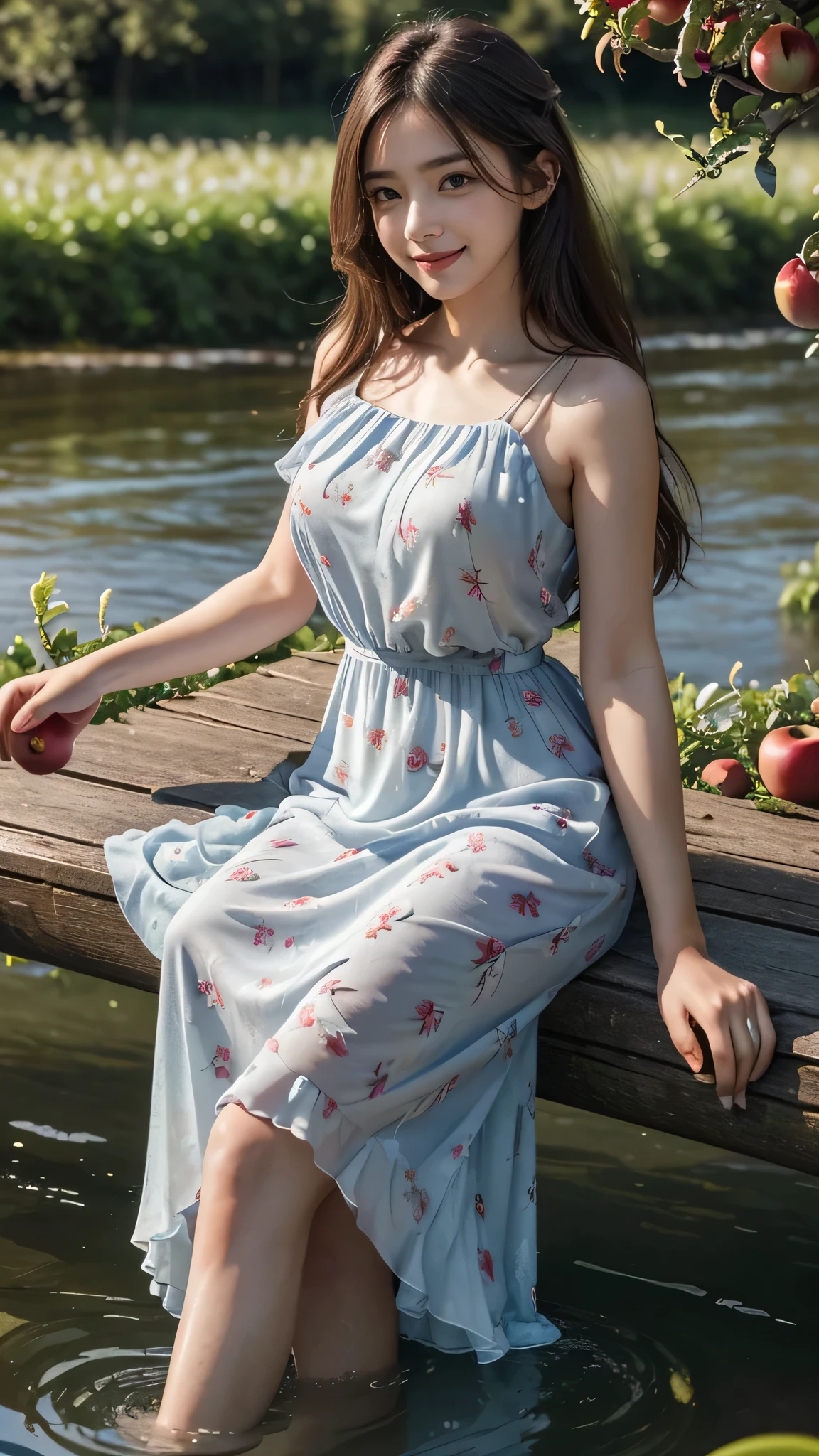 8k, masterpiece, RAW photo, best quality, photorealistic, extremely detailed CG unity 8k wallpaper, Depth of field, Cinematic Light, Lens Flare, Ray tracing, (extremely beautiful face, beautiful lips, beautiful eyes), intricate detail face, ((ultra detailed skin)) 1girl, in the dark, deep shadow, pretty Asian girl, idol, 1 girl, (very slim slender fit-muscled body:1.3), ((looking at viewer)),((big smile:1.3)), (best quality,ultra-detailed,realistic:1.37),portraits,beautiful young girl,youthful female model,riverbank and ((rocks)),Sweet girl clothes4, ((Silky Kukombo Floral Chiffon Dress)), ((flowers on ilky Kukombo Floral Chiffon Dress)), jewelry, Sitting in a waterfall and apple orchards, sitting posture, ((Sitting on apple Orchards)), drenched all over,masterpiece,extremely detailed description,super fine painting,detailed face,slim figure, sexy angles, ((Stylish angles)), medium legs,playing in the water,smiling,bright smile, ((River water floting on Middle of apple orchards)),((too many apples in orchards)), ((Apple trees in river)), ((many apple trees in river)), ((Full apple's in apple trees)), ((more and more apples in trees)), ((Many apple's floting in river water)), ((apple orchards)), Many Red apples in orchards)),
