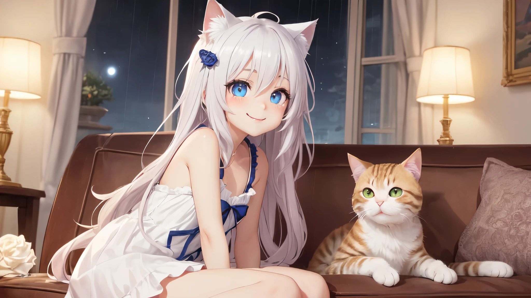 adorable smile,とても魅力的なanime girl,masterpiece, highest quality,beautiful eyes, beautiful hair, beautiful face, beautiful skin, alone, 1 girl, (star(symbol) dynamic angle,sit on the sofa,Light golden long hair、adorable smile、anime girl,Cat ear,cute clothes,Moonlight twinkle, Rose, star柄のカーテン,luxury room,((best quality)),((very detailed))、((緻密でbeautiful eyes)),(eyelash),Fantasy Art of Azur Rain