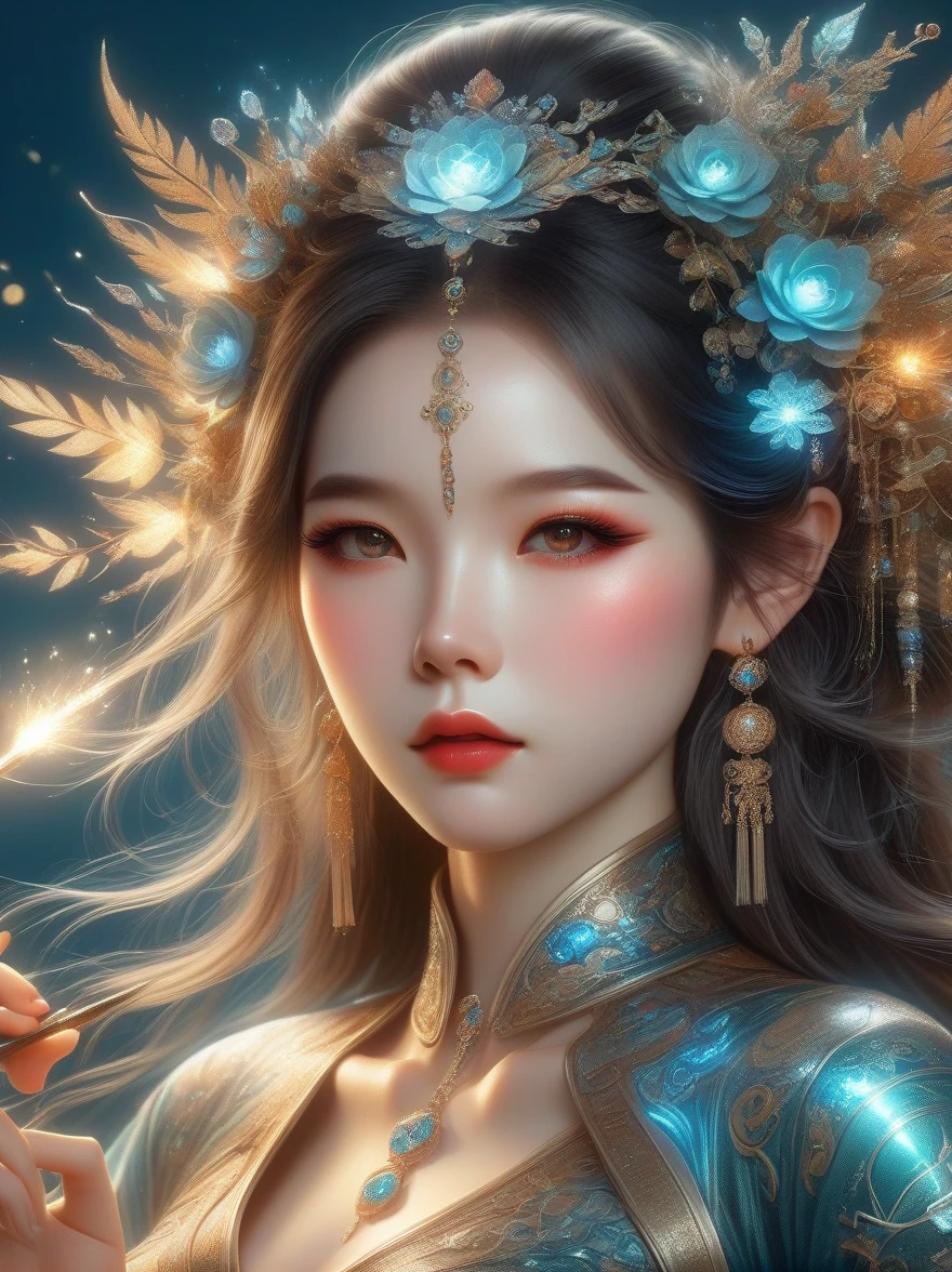 (portrait), cowboy shots, Female Elf Portrait, A unique blend of fantasy and futuristic mechanical themes, ((Holding a mechanical gemstone wand, casting lightning magic)), ((Show charming beauty)), Her facial features are very beautiful, Pointy ears and charming eyes, Complements the flowing hair, The costume she wears combines traditional elf clothing with modern mechanical elements., Symbolizes the intersection of magic and technology, The background blends a mysterious forest with subtle futuristic elements, Plus a unique theme, Her expression is full of confidence and strength, Capturing the Grace and Power of Mythical Spirits, International Superstar Model Show, Psychedelic stage, Ethereal atmosphere, Exquisite face makeup, pretty face, a perfect face proportion, (Advanced facial details:1.3), Realistic, movie lighting, Sony FE, wide angle, First-person perspective, hyper HD, Acura, high detail, anatomically correct, 8k, masterpiece, textured skin, best quality