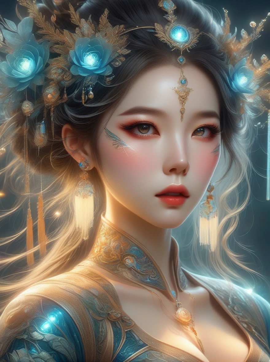 (portrait), cowboy shots, Female Elf Portrait, A unique blend of fantasy and futuristic mechanical themes, ((Holding a mechanical gemstone wand, casting lightning magic)), ((Show charming beauty)), Her facial features are very beautiful, Pointy ears and charming eyes, Complements the flowing hair, The costume she wears combines traditional elf clothing with modern mechanical elements., Symbolizes the intersection of magic and technology, The background blends a mysterious forest with subtle futuristic elements, Plus a unique theme, Her expression is full of confidence and strength, Capturing the Grace and Power of Mythical Spirits, International Superstar Model Show, Psychedelic stage, Ethereal atmosphere, Exquisite face makeup, pretty face, a perfect face proportion, (Advanced facial details:1.3), Realistic, movie lighting, Sony FE, wide angle, First-person perspective, hyper HD, Acura, high detail, anatomically correct, 8k, masterpiece, textured skin, best quality