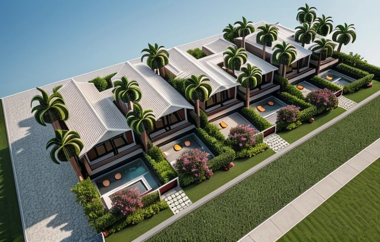 (masterpiece),(high quality), best quality, real,(realistic), super detailed, (full detail),(4k),8k,modern house exterior design,Modern architecture,Beautiful_sky,Day light, no_humans, outdoors,sky,tree,Garden flower front of building, ARIEL VIEW of bungalows