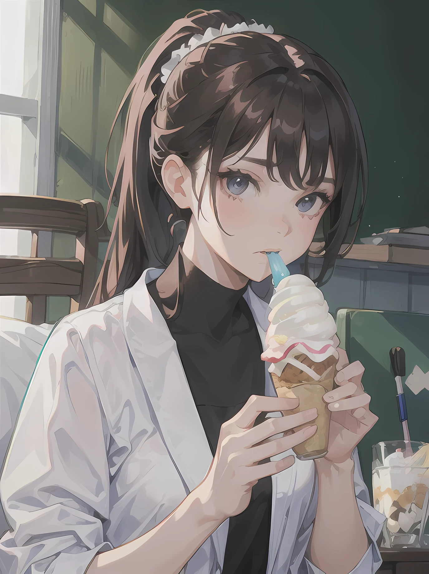 1girl, adult, long brown ponytail hair, black eyes, wearing , school, absurdres, high detailed eyes and face, high res, ultrasharp, 8K, masterpiece, photorealistic, best quality, eating ice cream