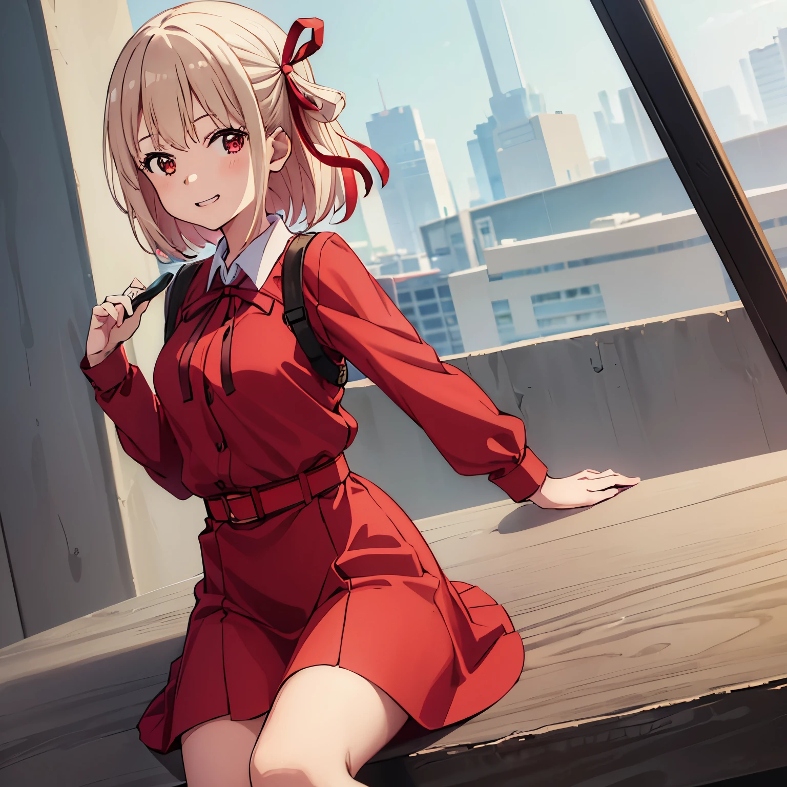 chisato, 1girl, solo, short hair, hair ribbon, breasts, neck ribbon, collared shirt, lycoris uniform, two-tone dress, red dress, grey dress, long sleeves, red belt, face of happiness, smile mouth, (((1girl))),(((Solo))),(((1 person))).