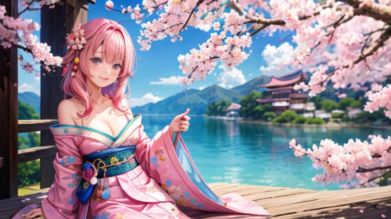 anime, one girl, colorful hair,pink hair and blue hair、 Hair is tangled, pink eyes, Kyoto, cherry blossoms、petal、moon, pink patterned kimono, off shoulder, sitting, alone,cleavage、smile