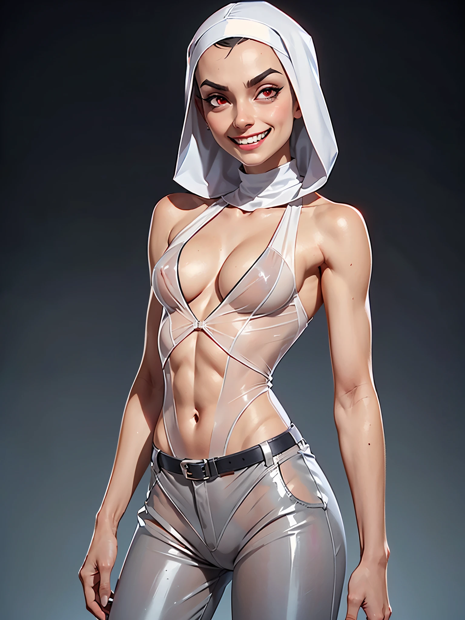 one girl, solo, (bust, upper body, front view:1.2), (grey skin, pale skin, slender body:1.2), concept art, (abs:1.3), (nun:1.2), hood, (white hair:1.2), red eyes, belts, shoulder-belts, (tiny breasts, small breasts, male chest, cleavage, transparent clothes, transparent pants:1.5), (masterpiece, highly detailed, look at viewer, shiny blured grey background, gradient sprayed background, blured background:1.2), (evil face, evil grin:1.2), (bare shoulders:1.2)