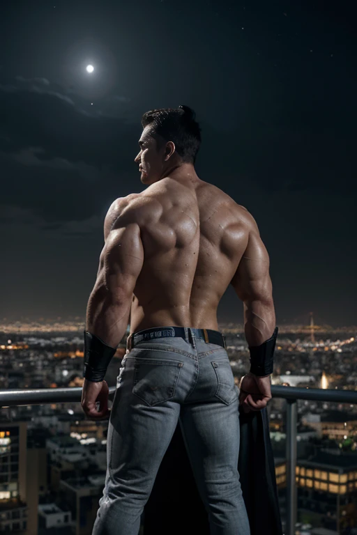 An illustration of Batman, a Greek god with a muscular build and ,muy nalgon, de espaldas. El escenario es una ciudad cosmopolita............, evoking a classic cold atmosphere, sin dejar de mantener el aura poderosa y regia del dios.  gray white jeans backside 