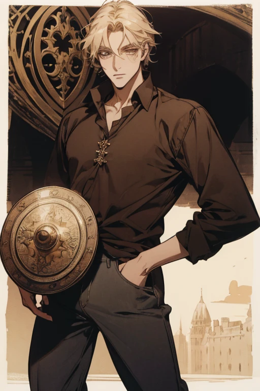 (Qualidade excelente), (high resolution), (jogo absurdo) ((homem)), (olhos), Dez e meia, cabelo branco, cabelo desgrenhado, ((paladino)), ((camisa, pants)), character looking at the camera, rosto detalhado, ((medieval)), ((Bang)), (((roupas simples))), retrato, olhos pequenos, guerreiro viajado