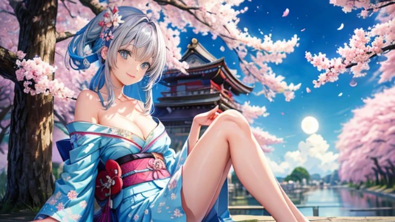 anime, one girl, colorful hair,Silver hair and light blue hair、 Hair is tangled, light blue eyes, Kyoto, cherry blossoms、petal、moon, Kimono with light blue pattern, off shoulder, sitting, alone,cleavage、smile